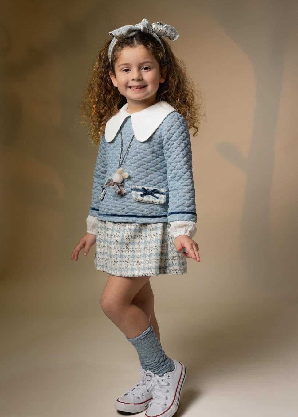 BASMARTI AW24 Blue Tweed Girls Drop Waist Dress - CLEARANCE SALE