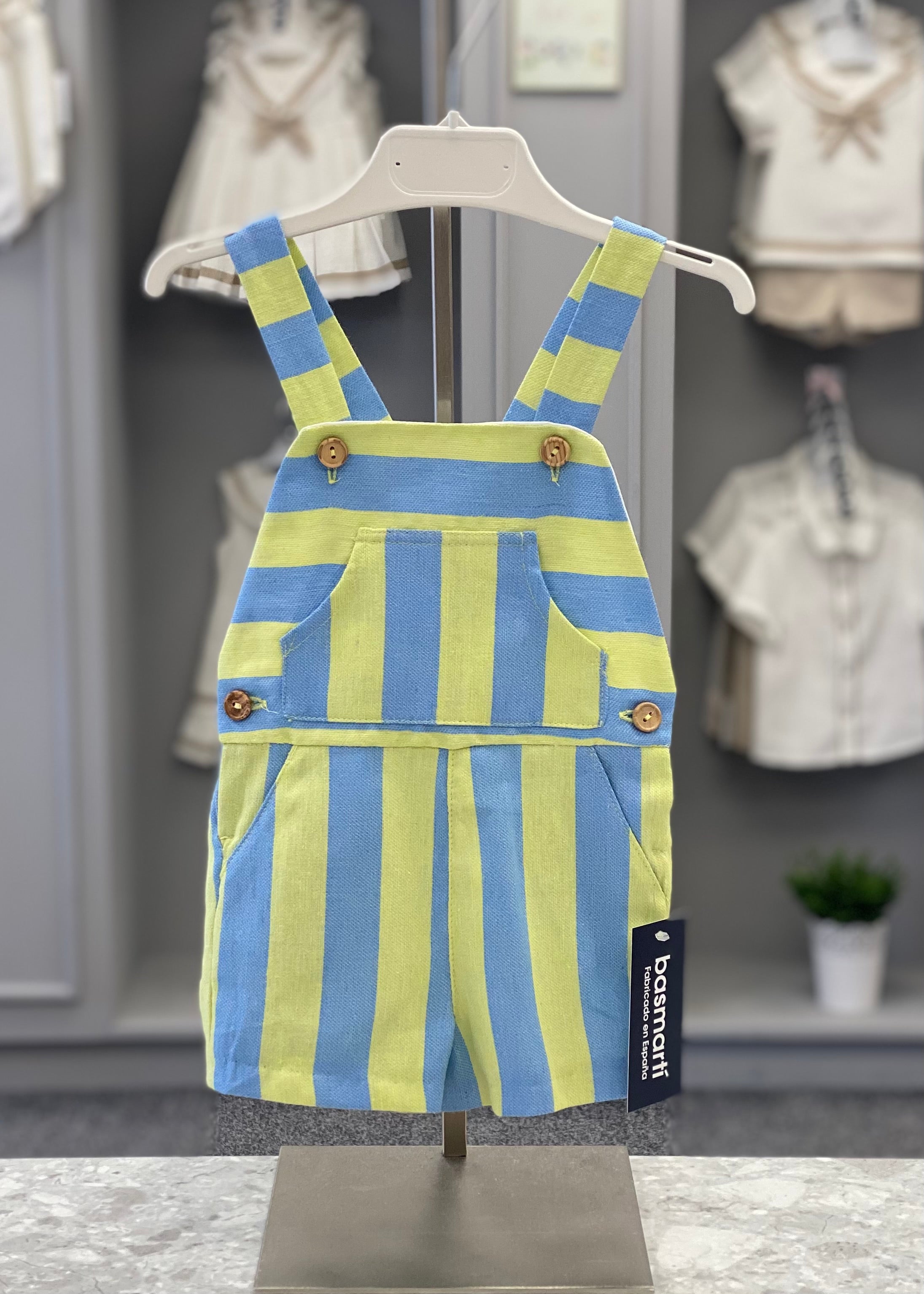 BASMARTI SS24 Lima Baby Boys Blue & Lime Green Chevron Dungarees - CLEARANCE SALE