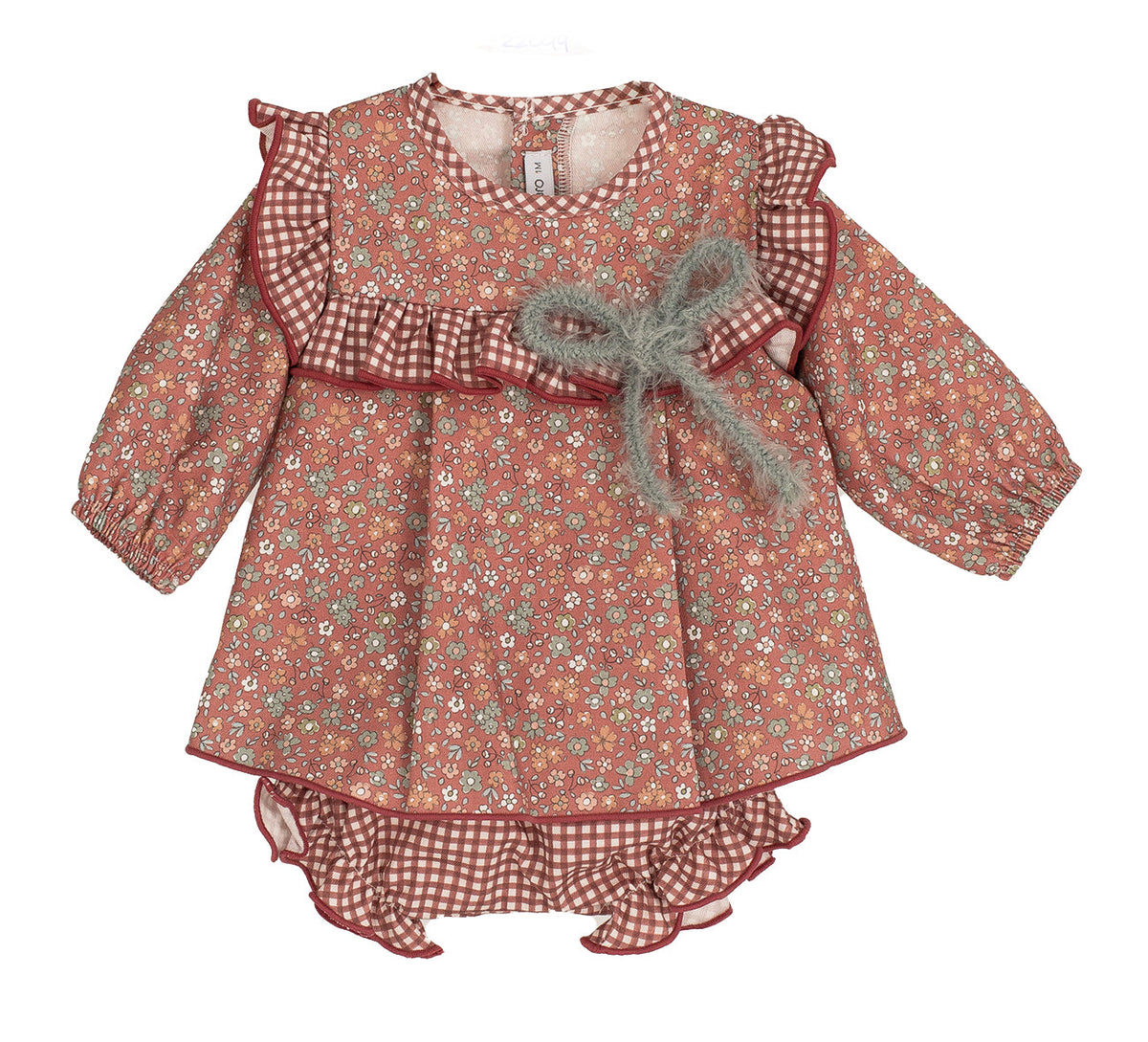 Calamaro Siroco terracotta floral dress with gingham trim and matching knickers
