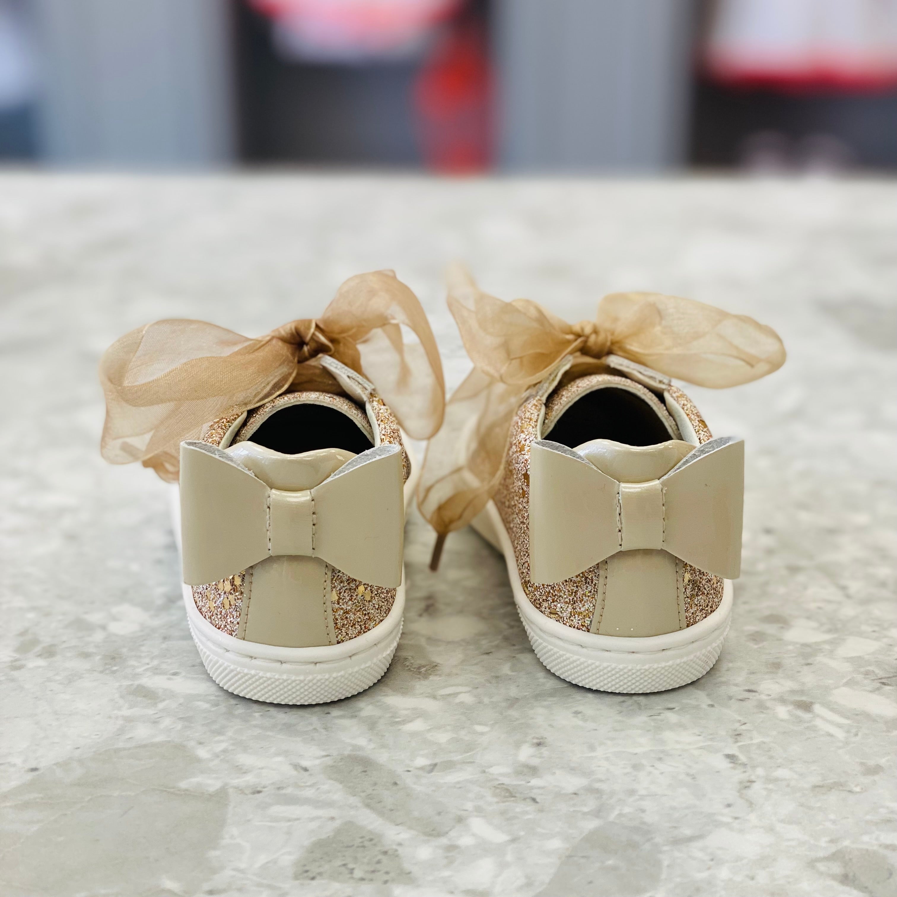 ANDANINES Beige Pearl Girls Leather Glitter Trainers