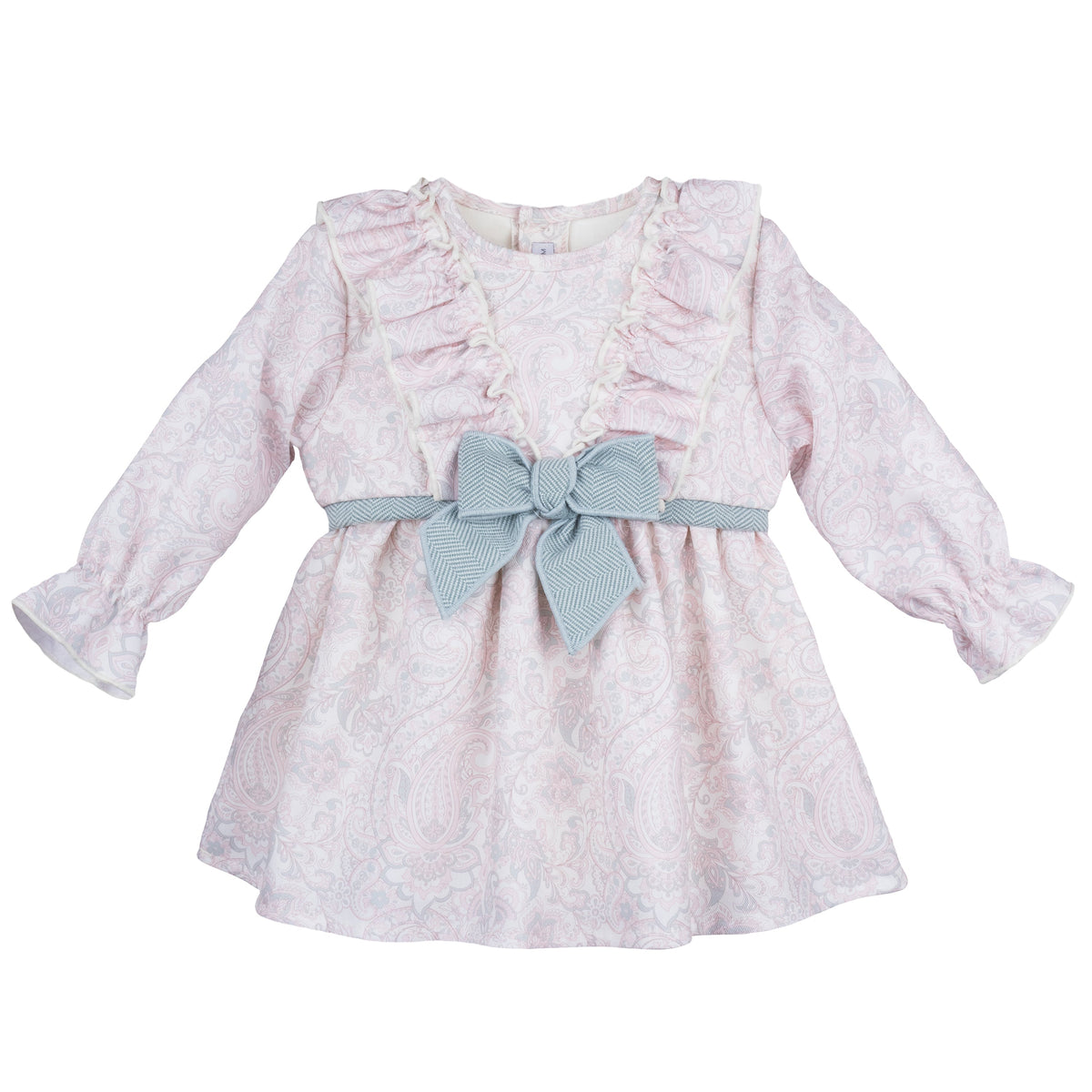 Calamaro Turia blush pink paisley girls dress with grey herringbone bow