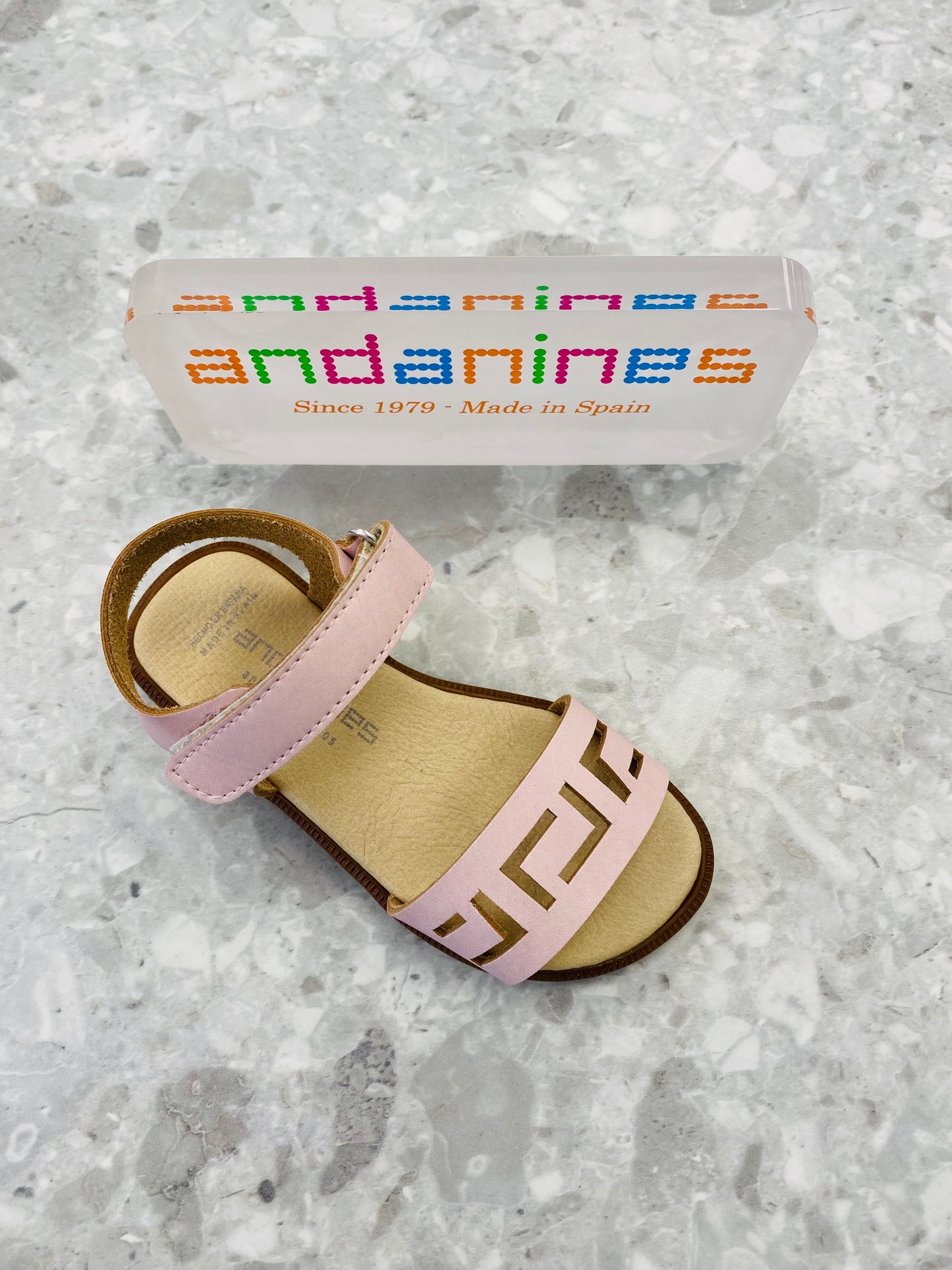 Andanines Pink Leather Girls Greek Key Sandals