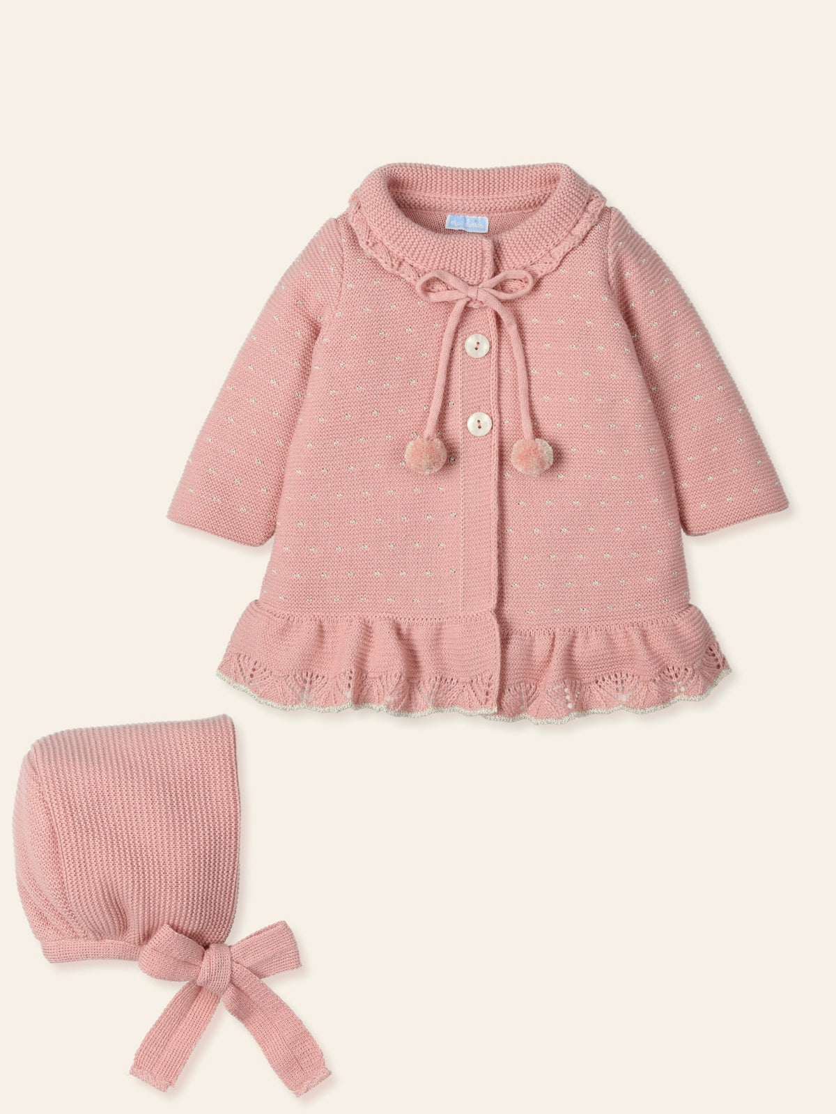 MAC ILUSION AW24 Admirar Baby Girls Dusty Pink & Gold Knitted Coat & Bonnet - 9497