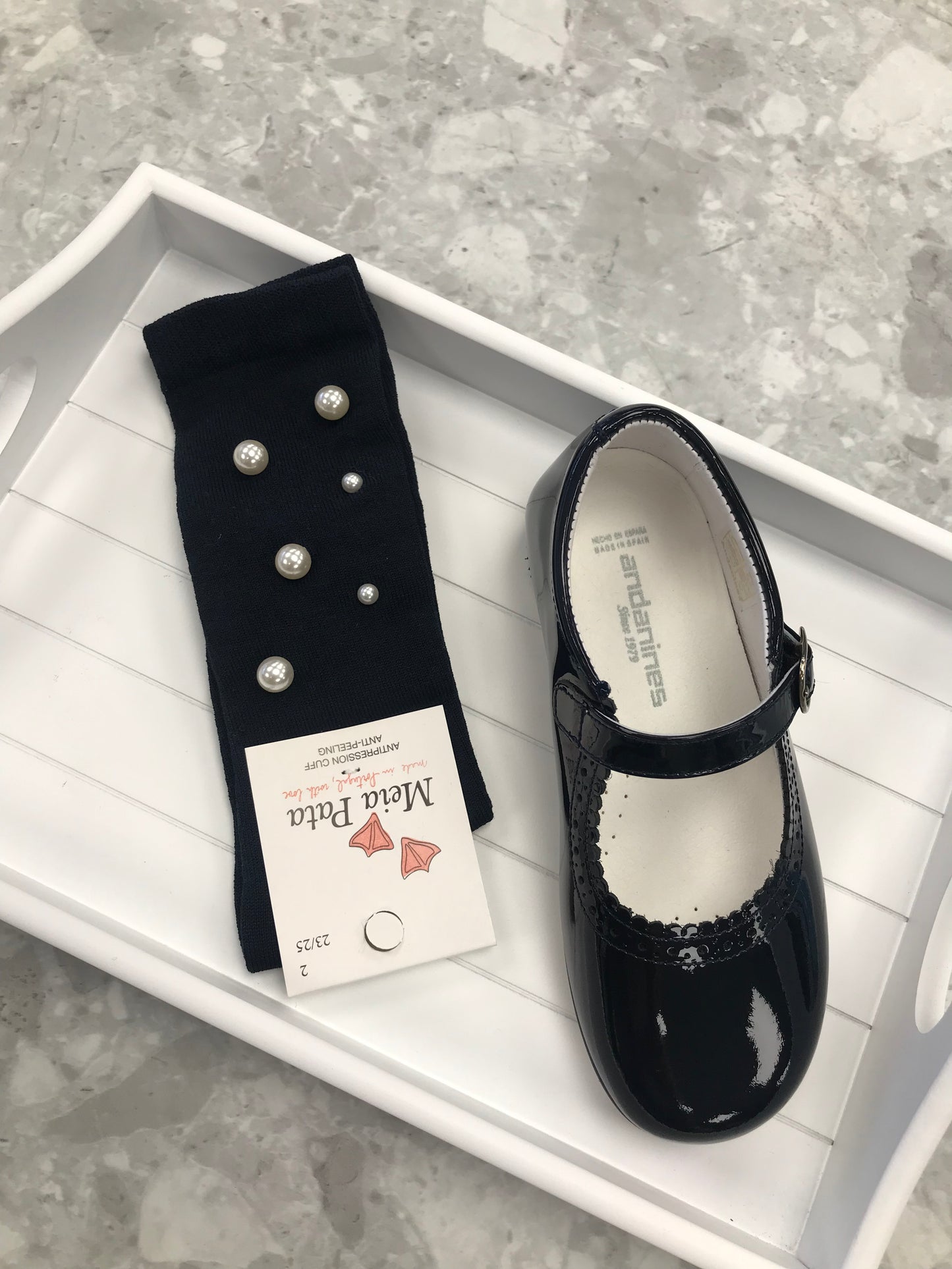 Meia Pata pearl navy girls knee high socks with pearl stud detail