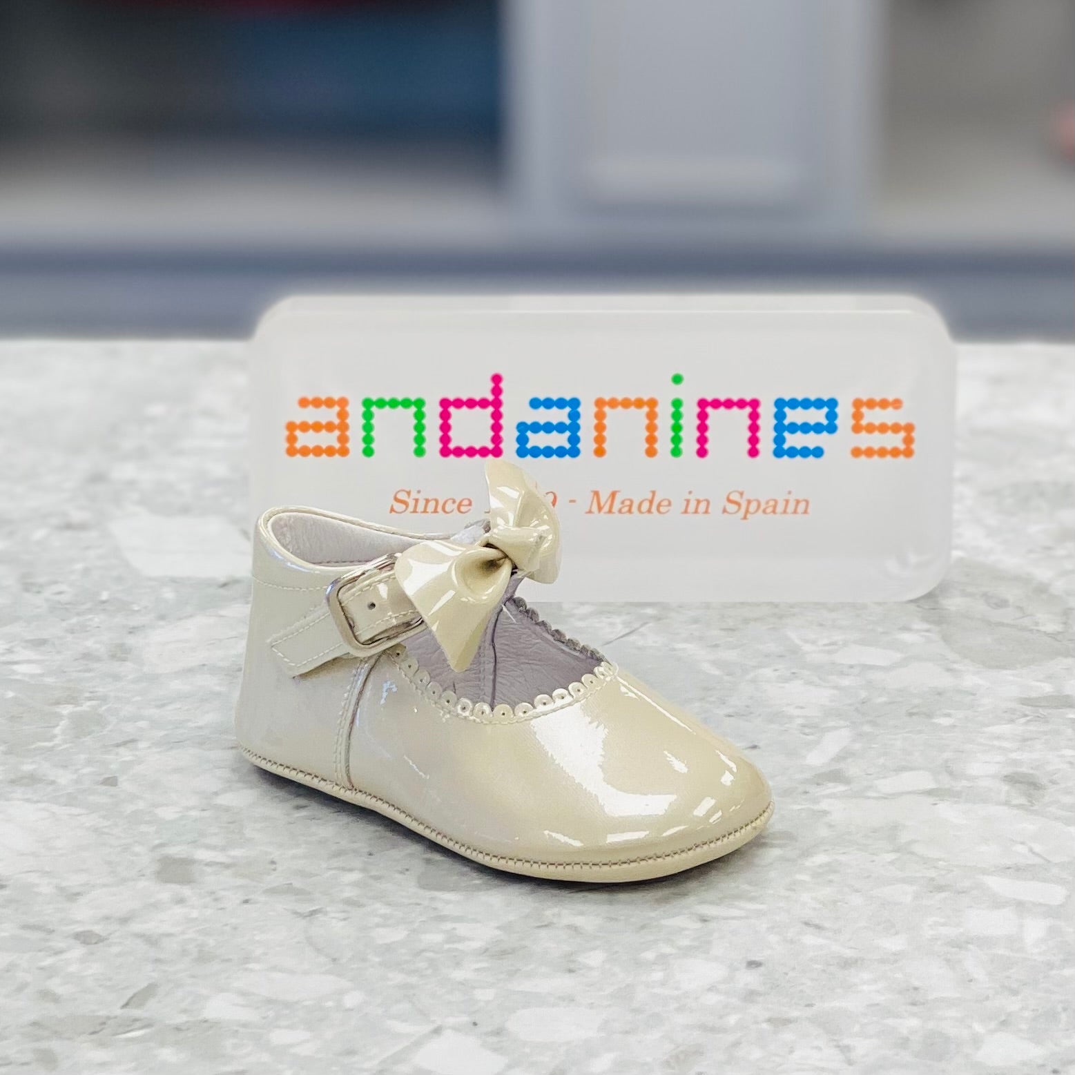 ANDANINES Beige Pearl Girls Patent Leather Bow Pram Shoe