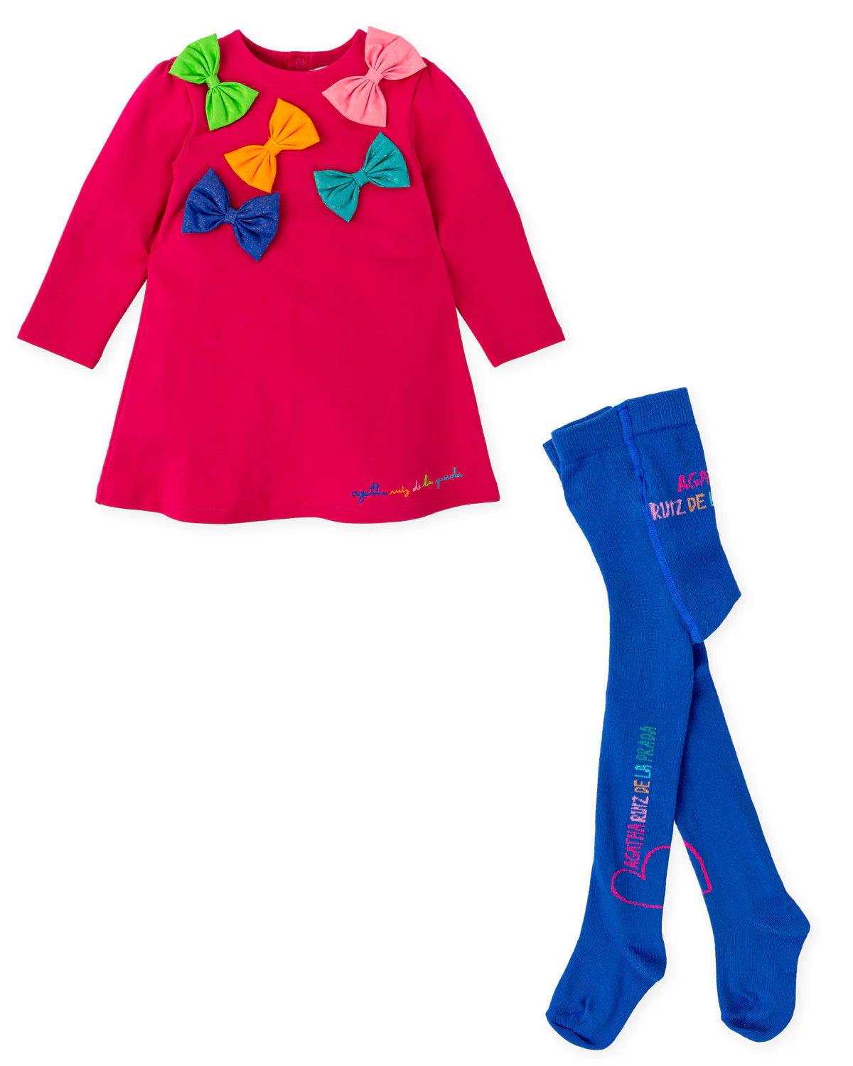 AW25 AGATHA RUIZ DE LA PRADA Girls Fuchsia Pink Bow Dress & Tights