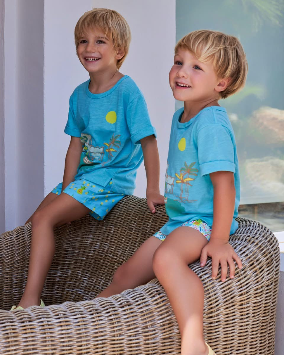 TUTTO PICCOLO SS25 Hawaii Boys Aquamarine Swimming Trunks & T-Shirt
