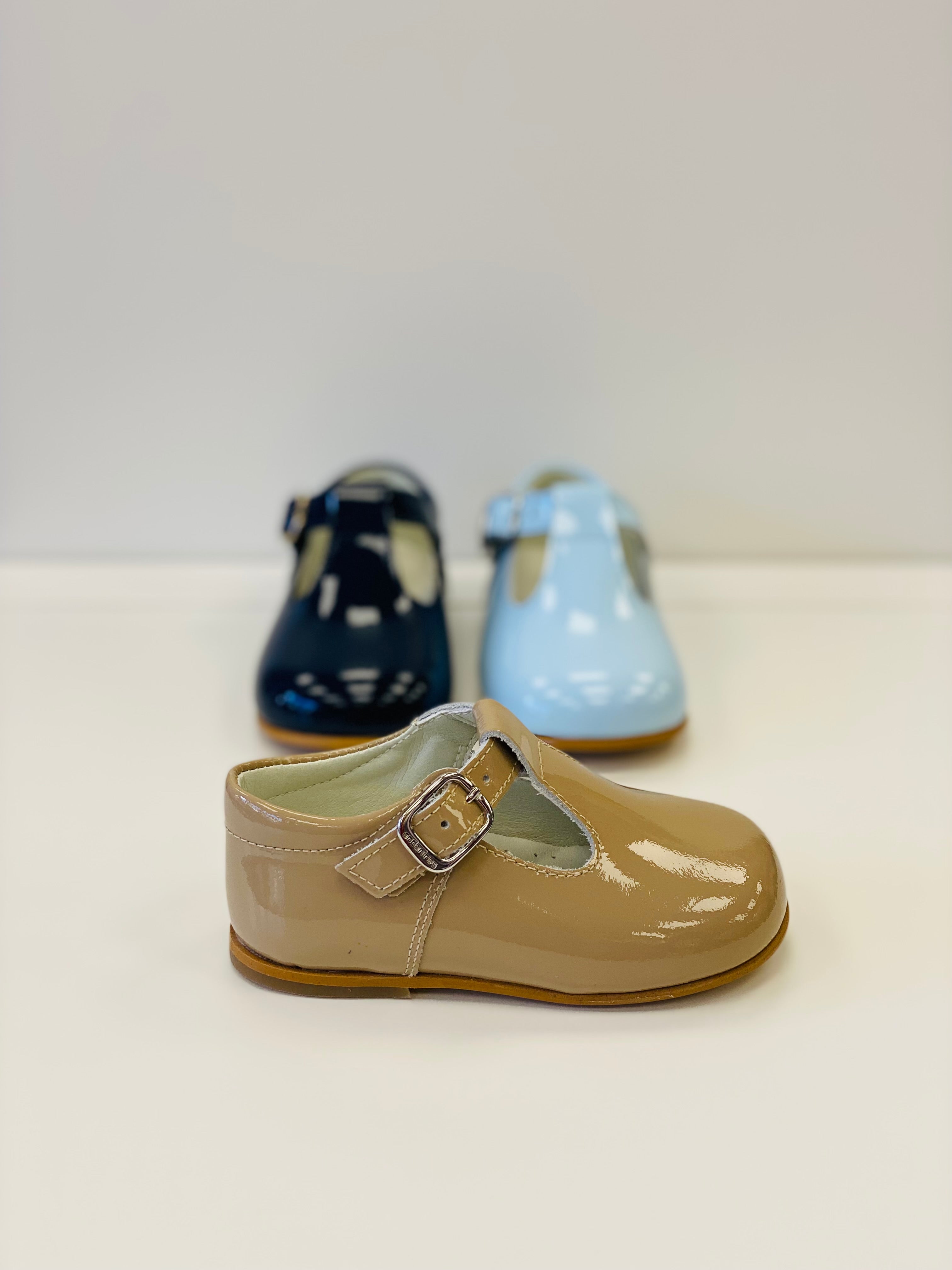 ANDANINES Camel Boys Patent Leather T-Bar Shoes - CLEARANCE SALE