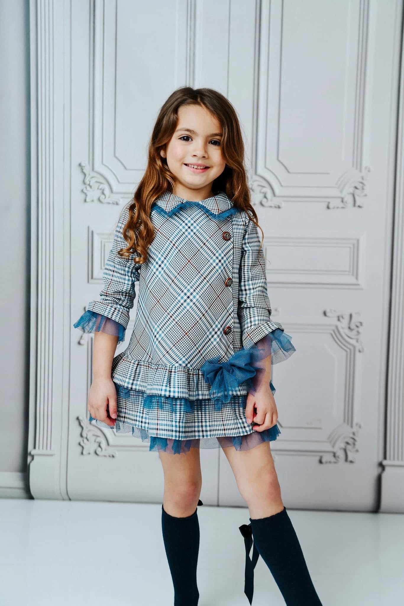 BASMARTI AW23 Blue Check Girls Drop Waist Dress - CLEARANCE SALE
