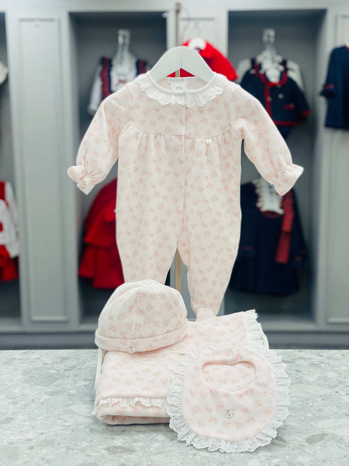 Deolinda Donna pink floral velour baby accessories - coordinating collection