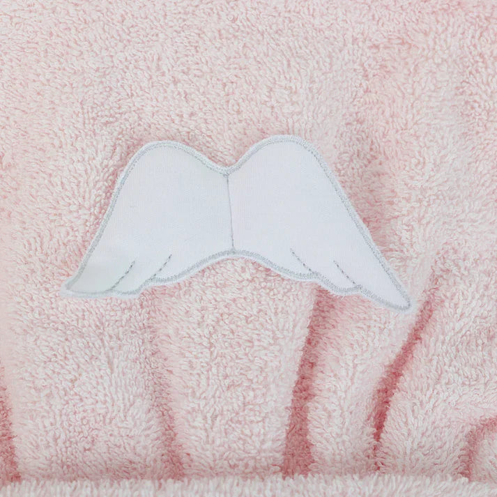 Baby Gi pink girls cotton terry towelling bathrobe with angel wings detail on the back - close up view.