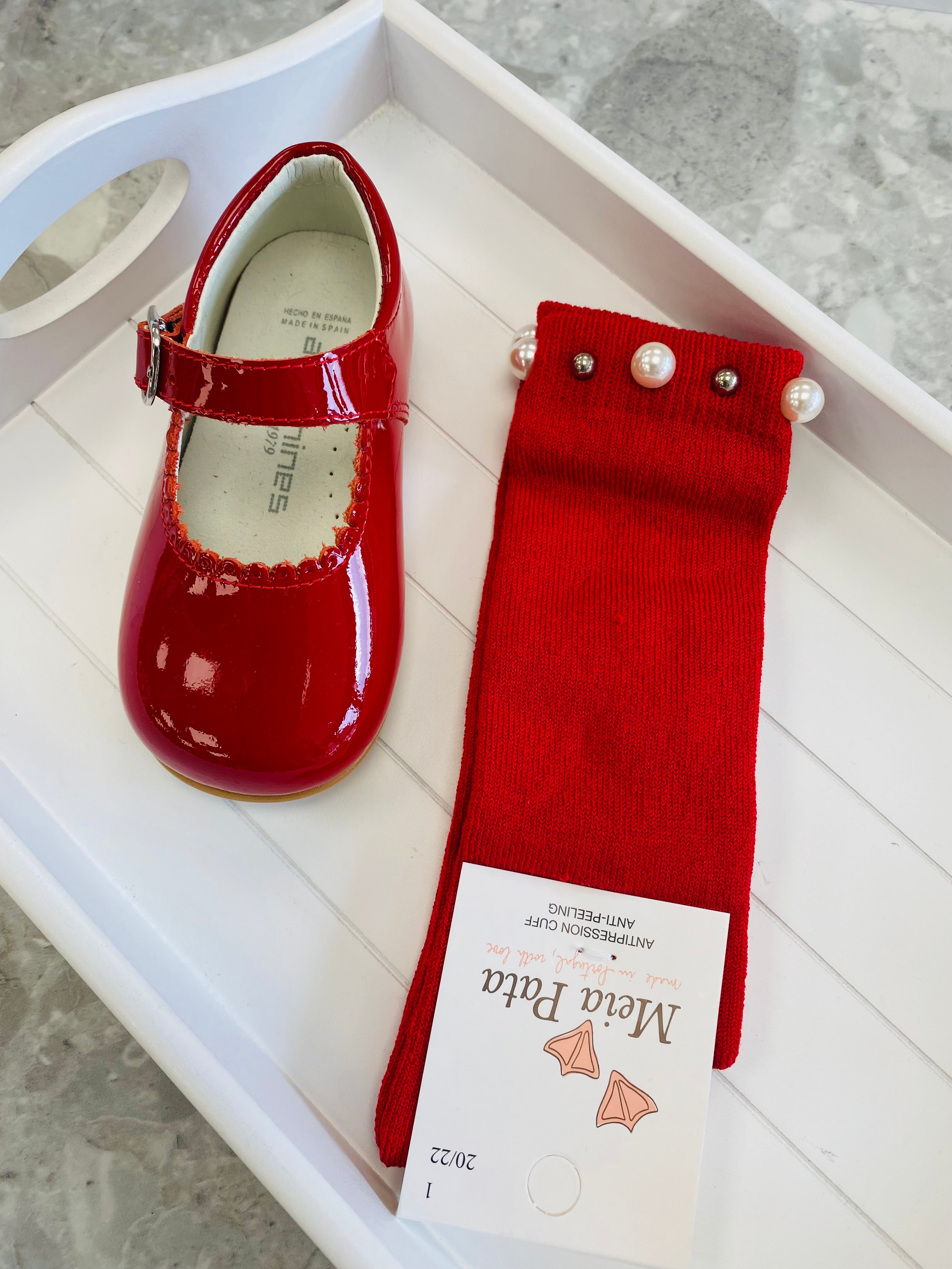 MEIA PATA Pearl & Stud Girls Red Knee High Socks