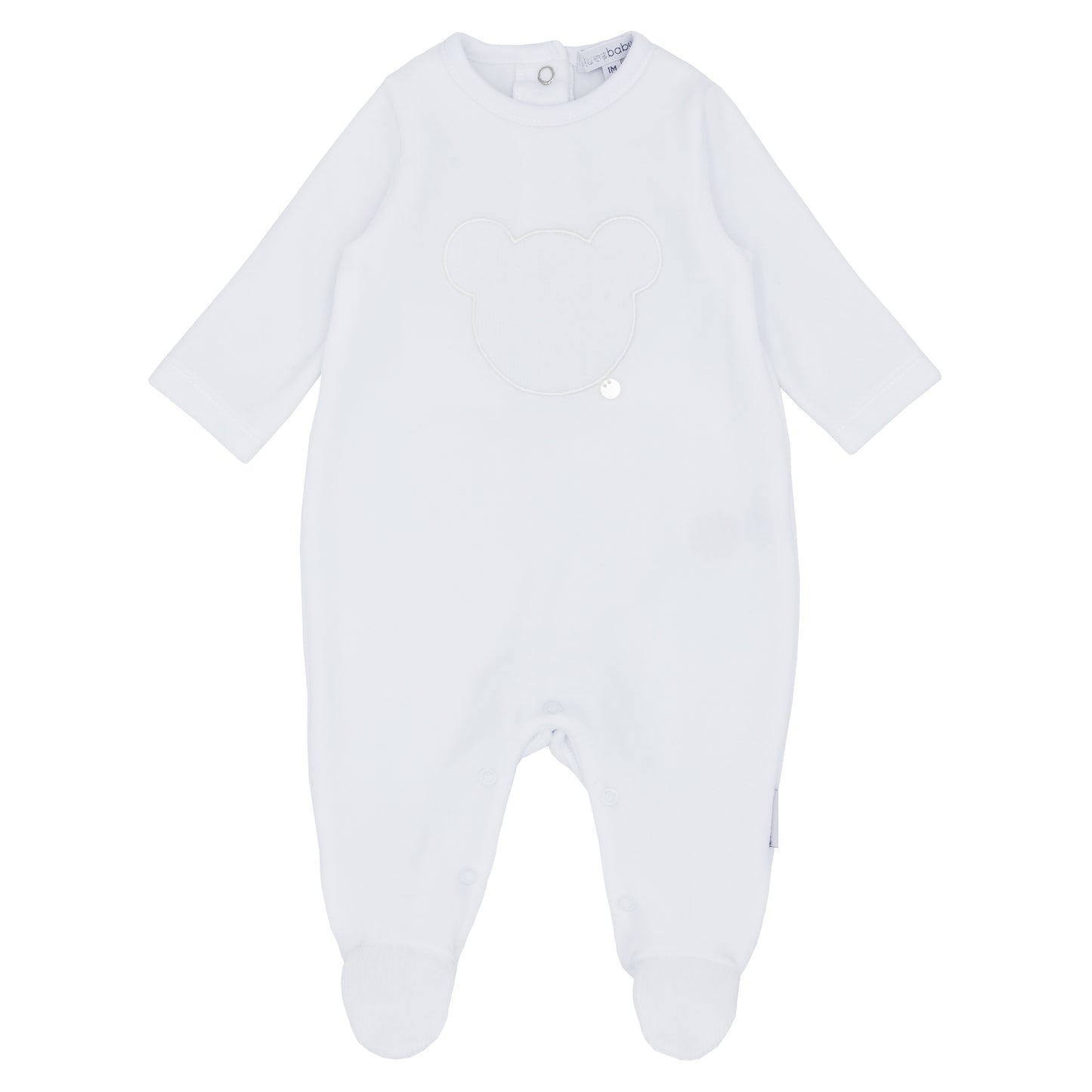 Blues Baby Teddy unisex white Portuguese cotton velour babygrow with teddy appliqué to the chest