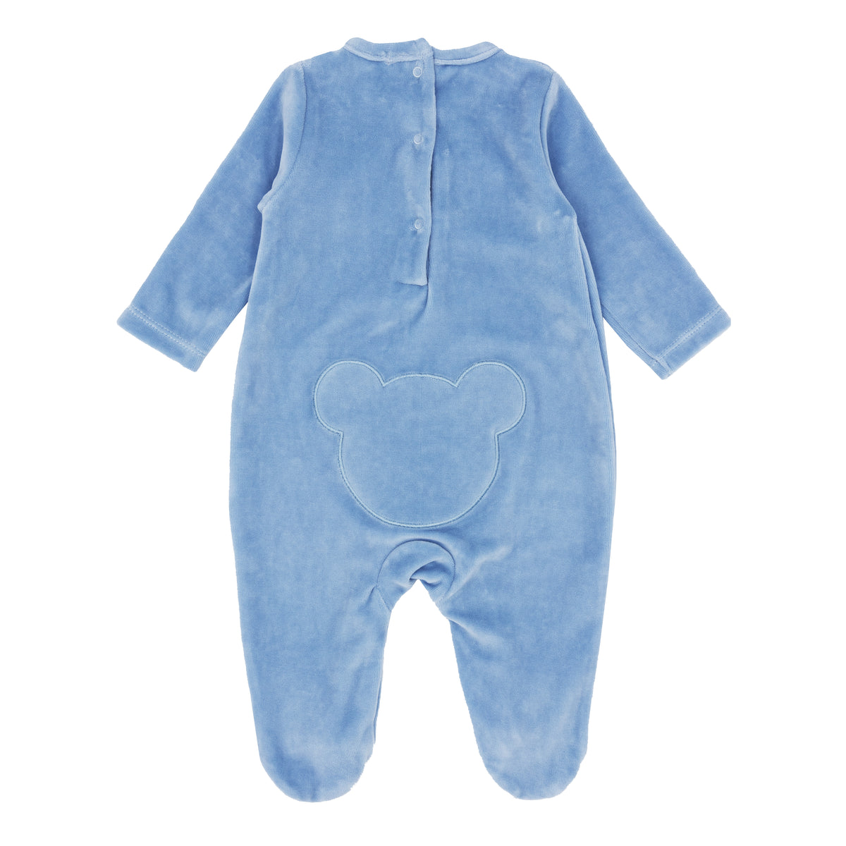 Blues Baby Teddy boys powder blue velour babygrow with large teddy appliqué to the back