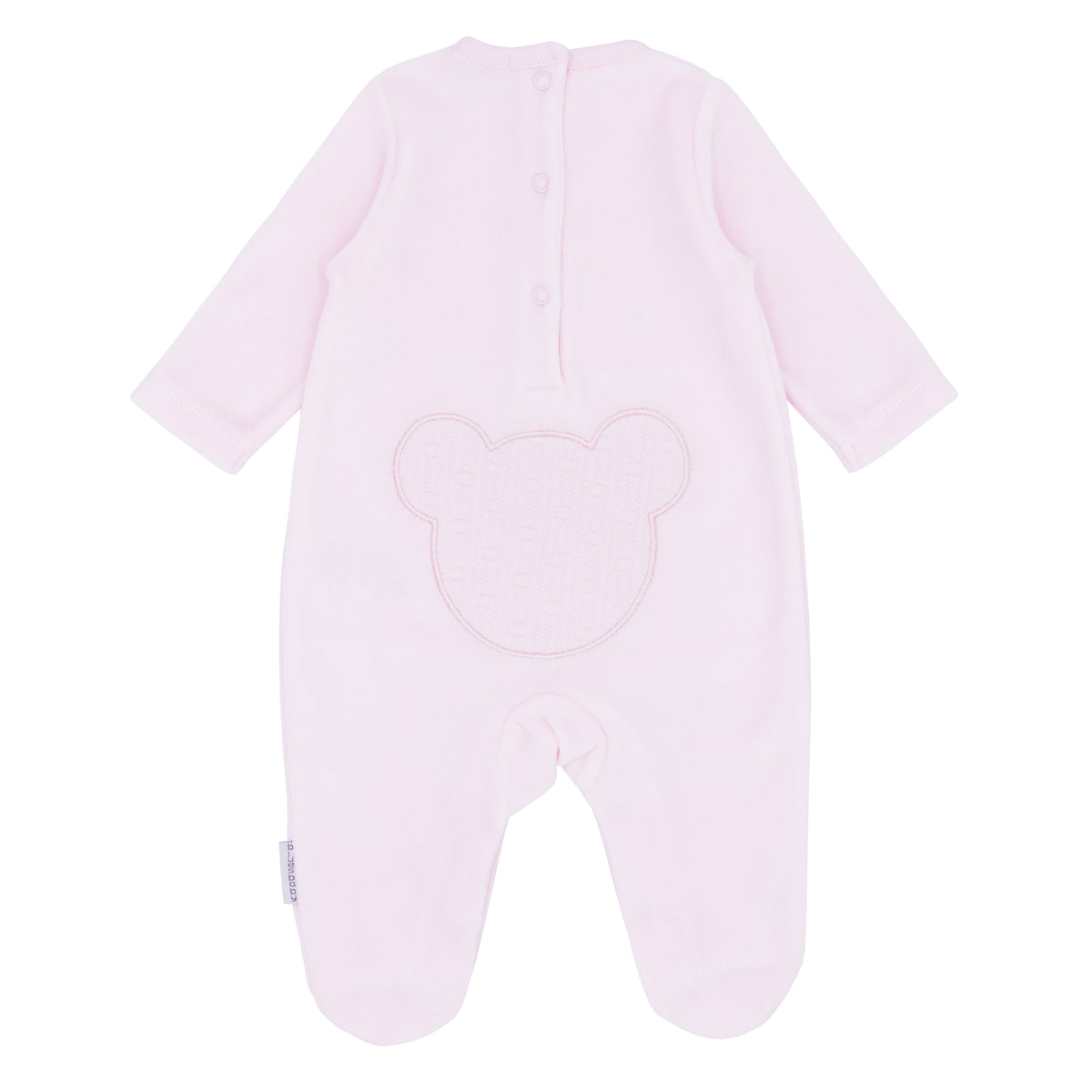 Blues Baby Teddy girls pale pink velour babygrow with large textured teddy appliqué to the back