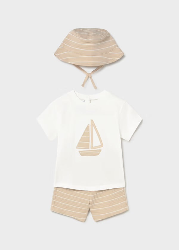 X MAYORAL Boys Cream Short Set with Sun Hat - 1666