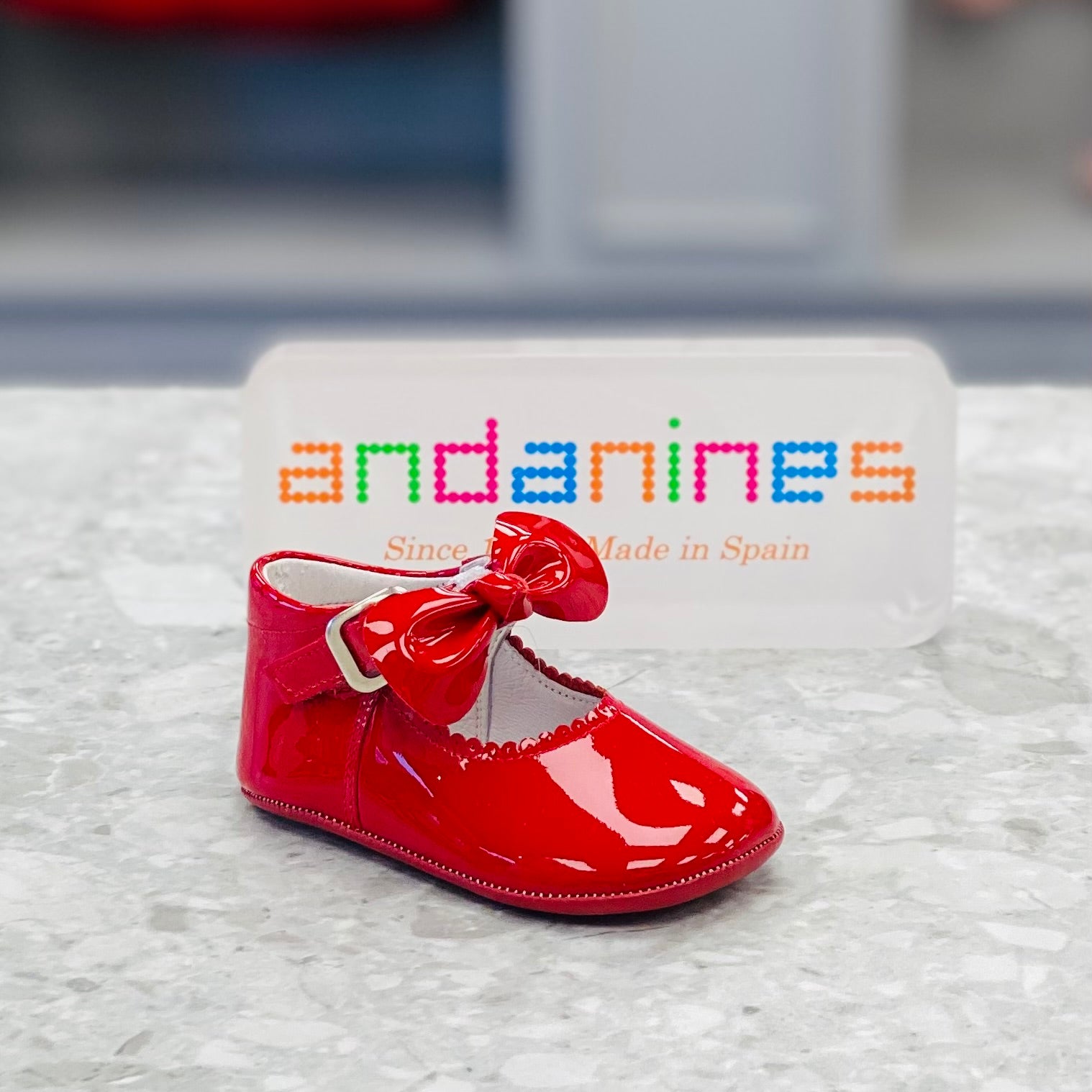 ANDANINES Red Girls Patent Leather Bow Pram Shoe