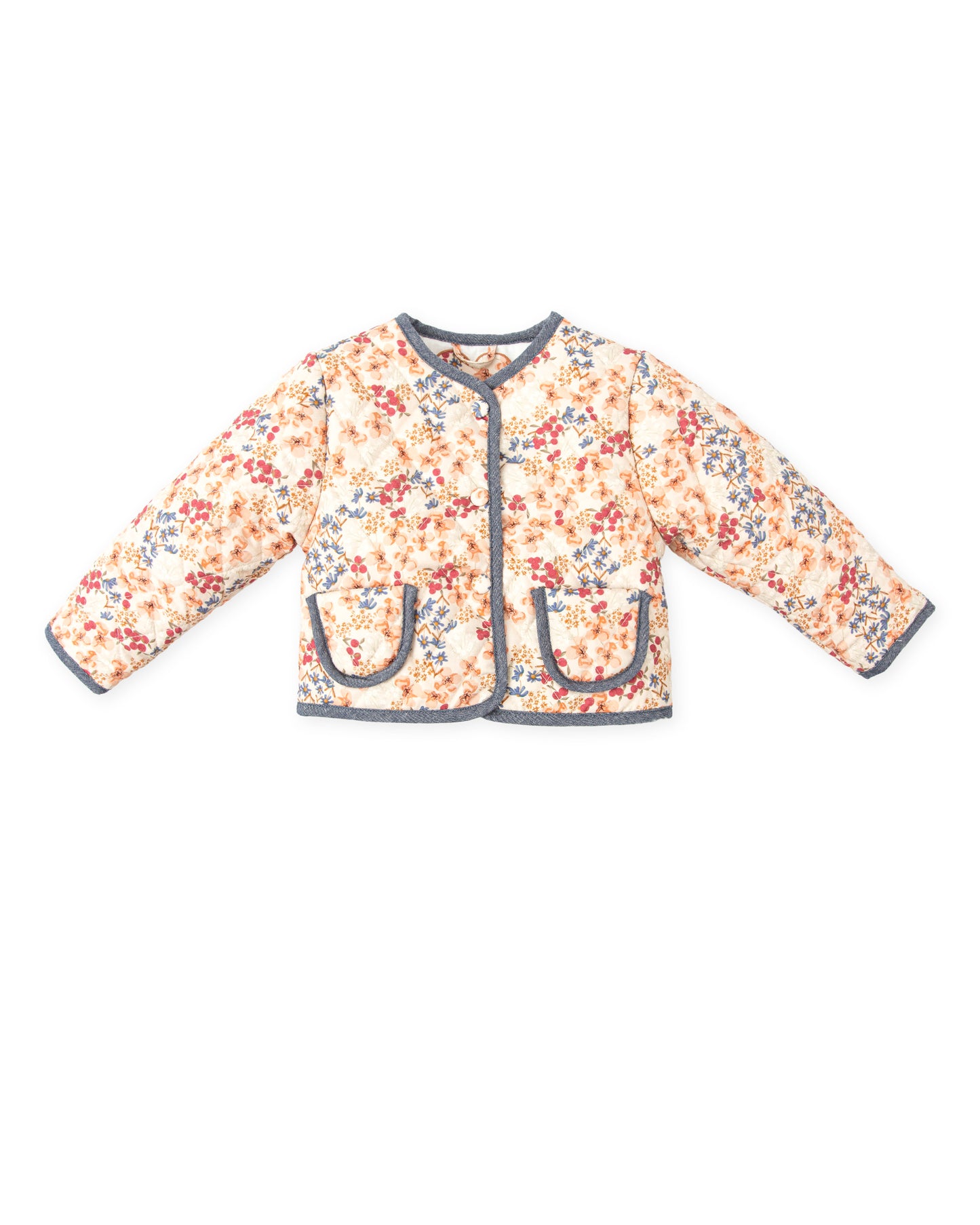 Tutto Piccolo Tierra Girls Dark Orange Floral Quilted Jacket with Denim trim - Front View