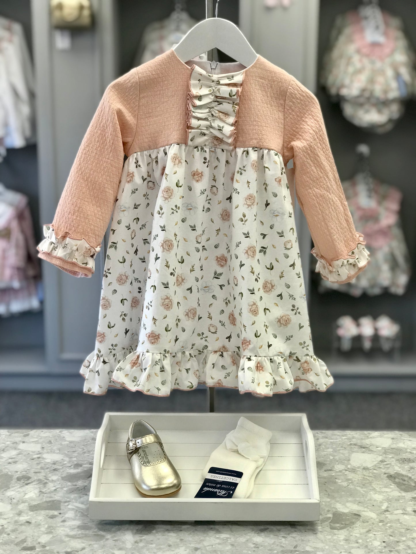 LOR Miral Freya girls blush pink floral dress with textured bodice, gathered front ruffles and floral frill hem