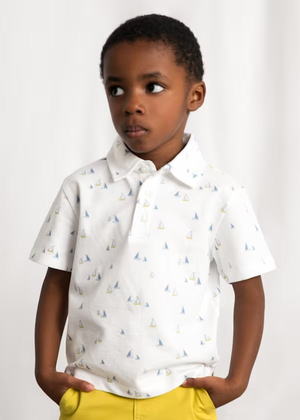 Mayoral Capri boat-print polo shirt and yellow shorts outfit detail