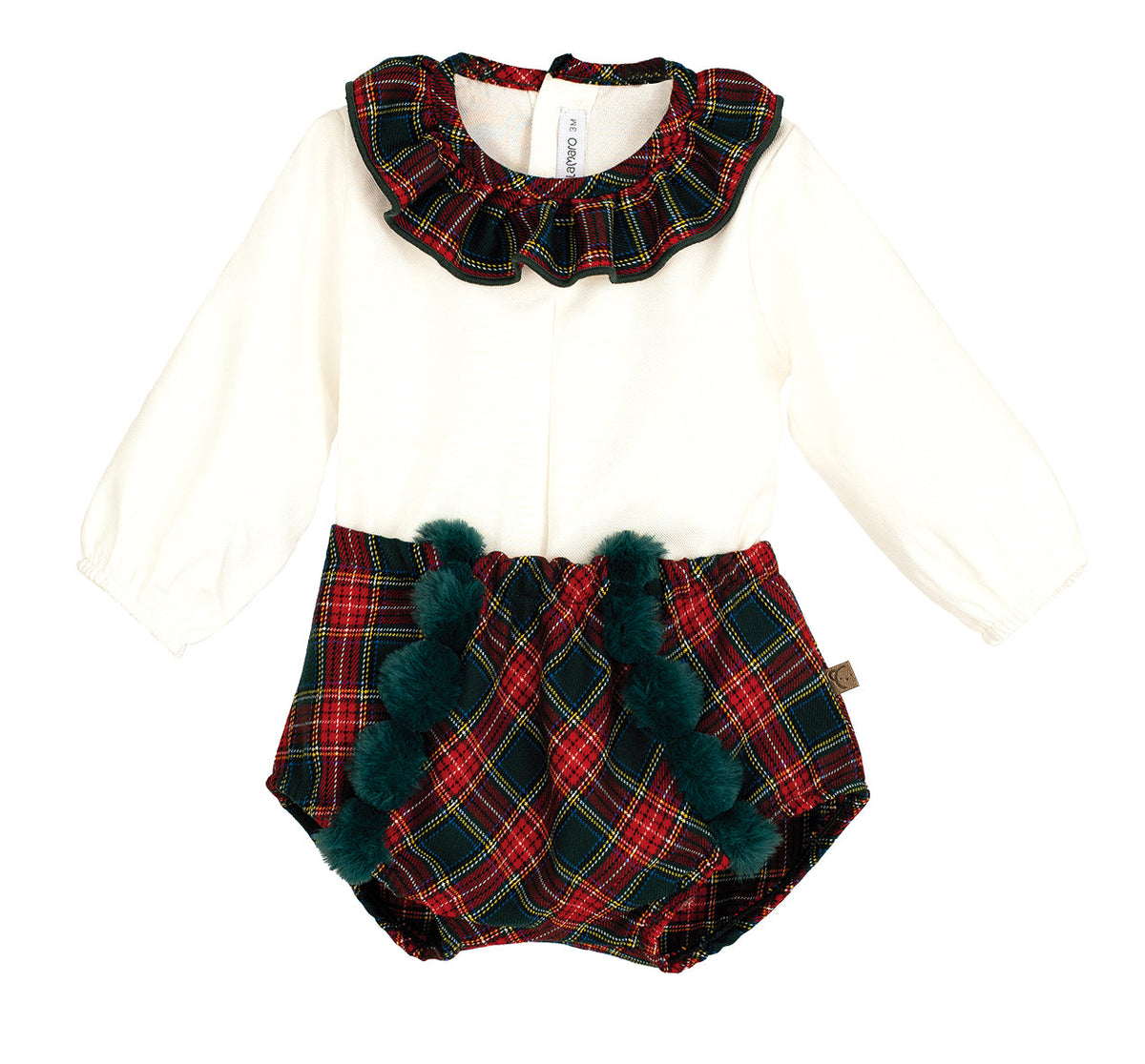 Calamaro Galerna cream blouse with tartan frill collar and matching green pom-pom jam pants