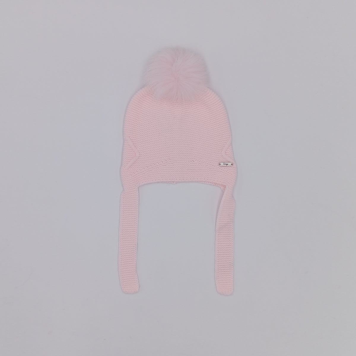 Rahigo baby pink girls knitted hat with ear flaps, tie fastening and real fur pom pom, made in Spain.