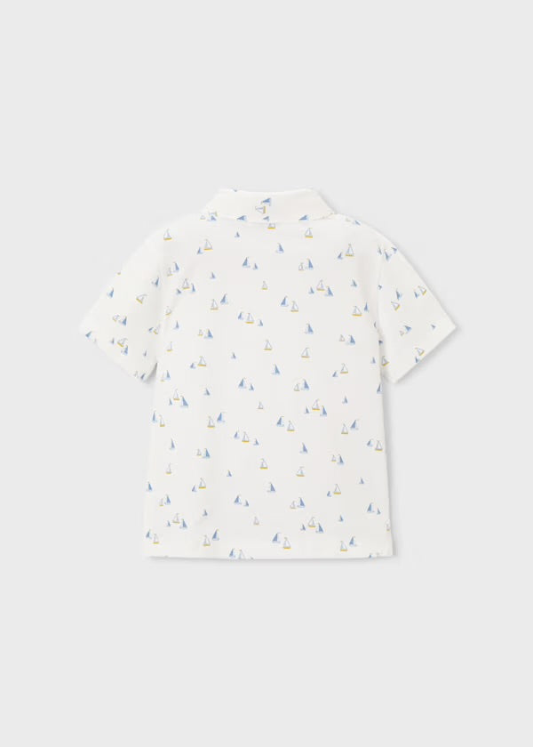 Mayoral white boat-print boys polo shirt, back view