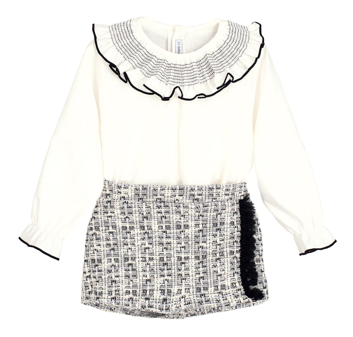 Calamaro Alisio black and white tweed skort set with blouse, gilet and beret