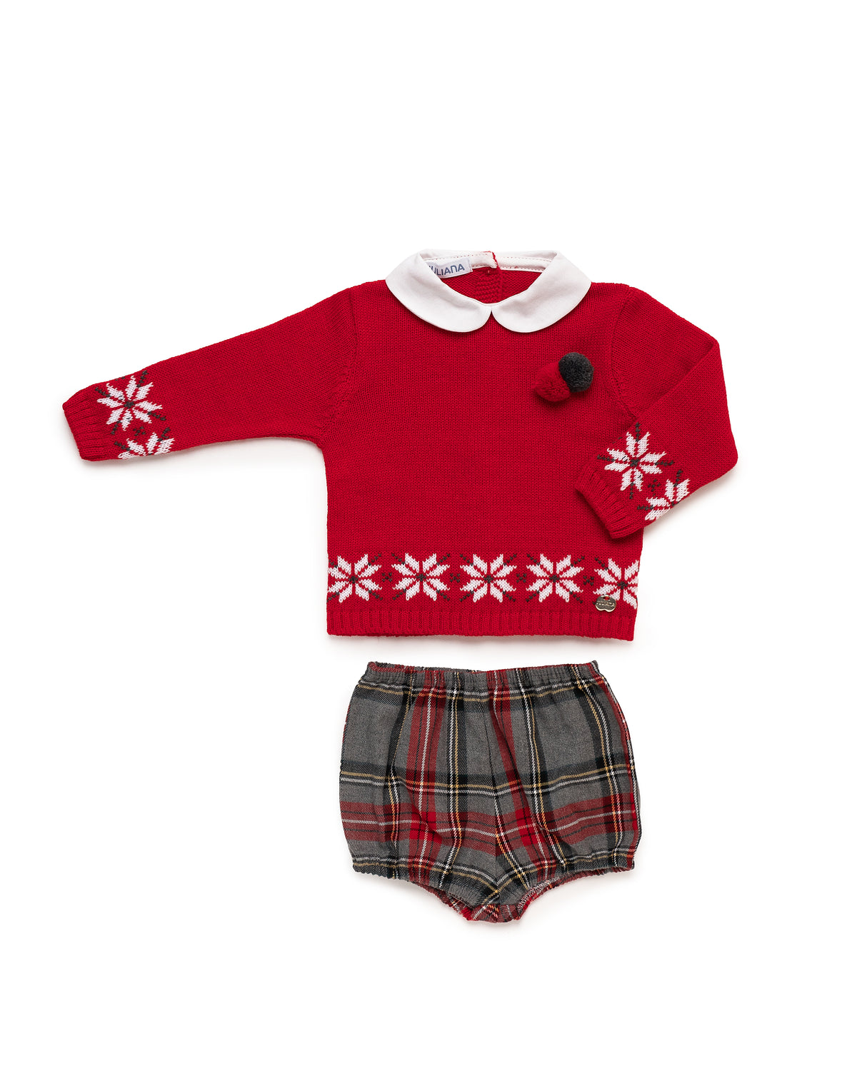 Juliana Melodia boys red knitted jumper and grey tartan jam pant set flat lay - 25585