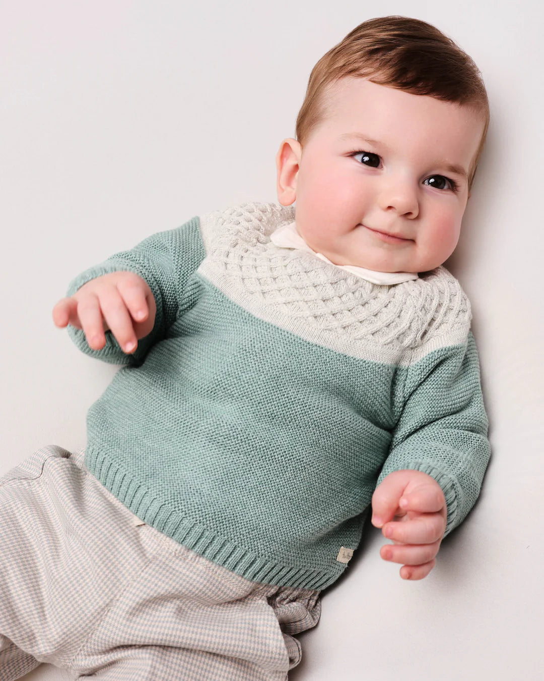 Baby wearing TUTTO PICCOLO Boys Green & Grey Trouser Set with Jumper