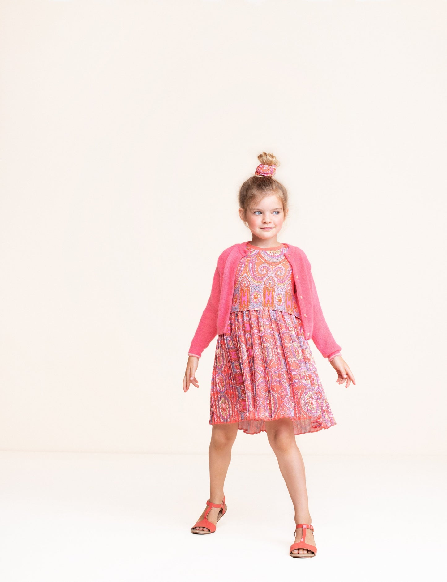 Oilily City Rose Girls Coral & Pink Paisley Pleated Dress