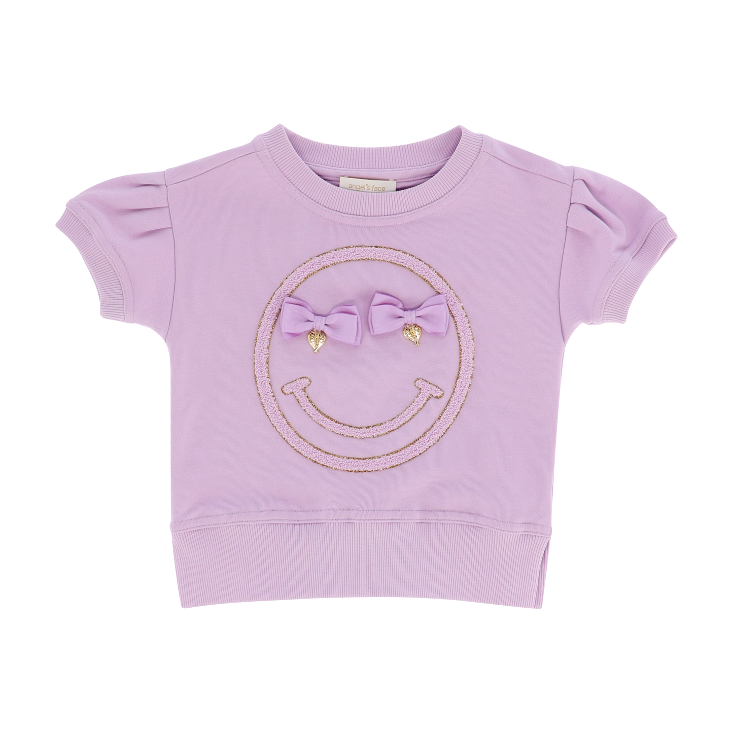 Angel’s Face Smile girls lilac puff sleeve sweatshirt with bow details - front