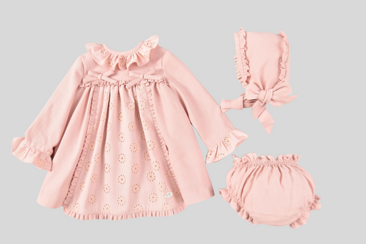 JOSE VARON Baby Girls Dusky Pink Dress with Bonnet & Bloomers