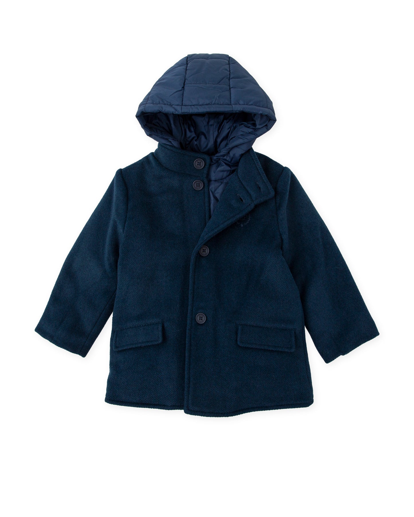 Tutto Piccolo Fuego Boys Navy Padded Duffle Coat with Hood - front view with hood