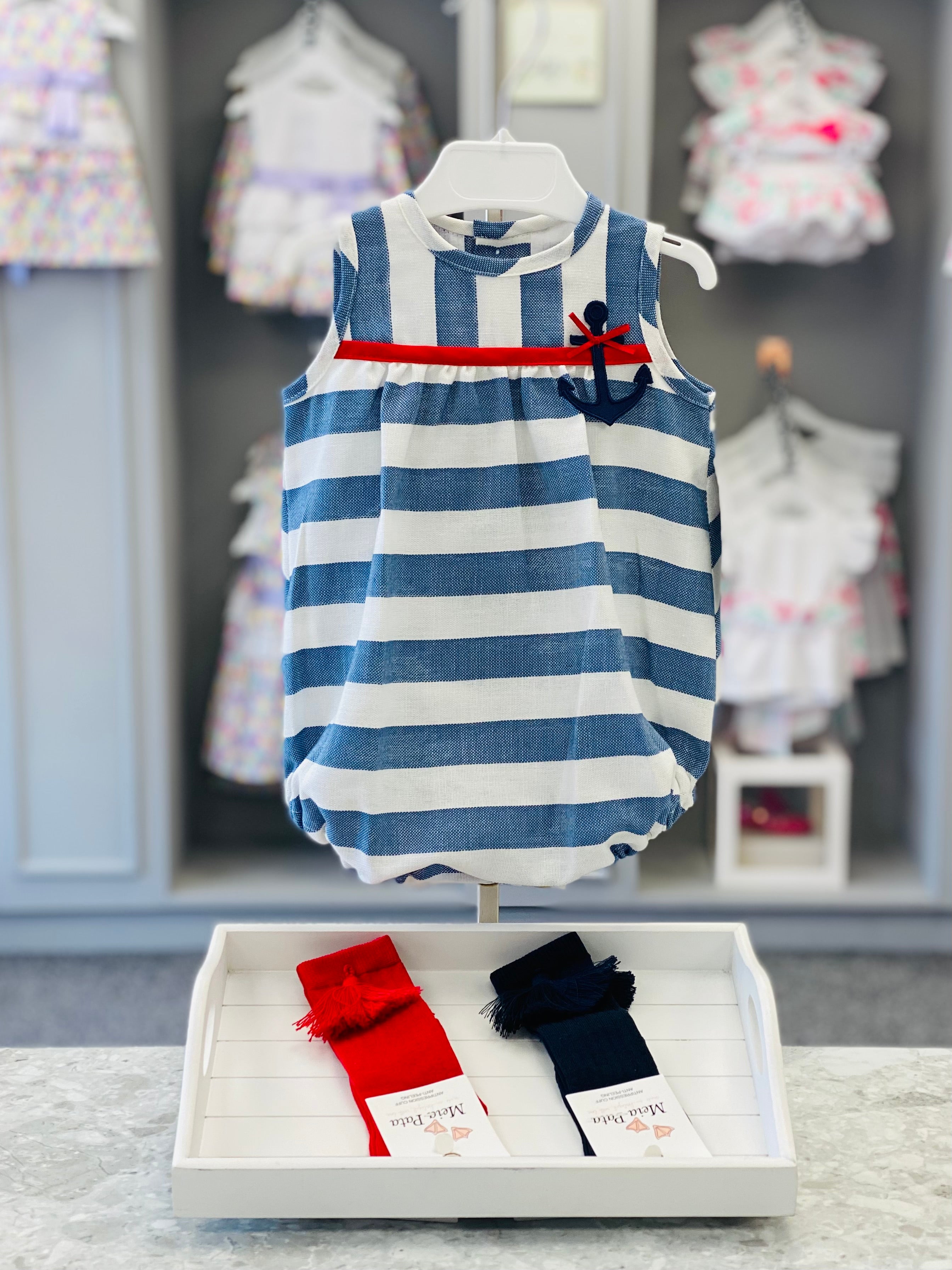 BASMARTI SS21 Gladstone Boys Nautical Stripe Linen Romper - CLEARANCE SALE