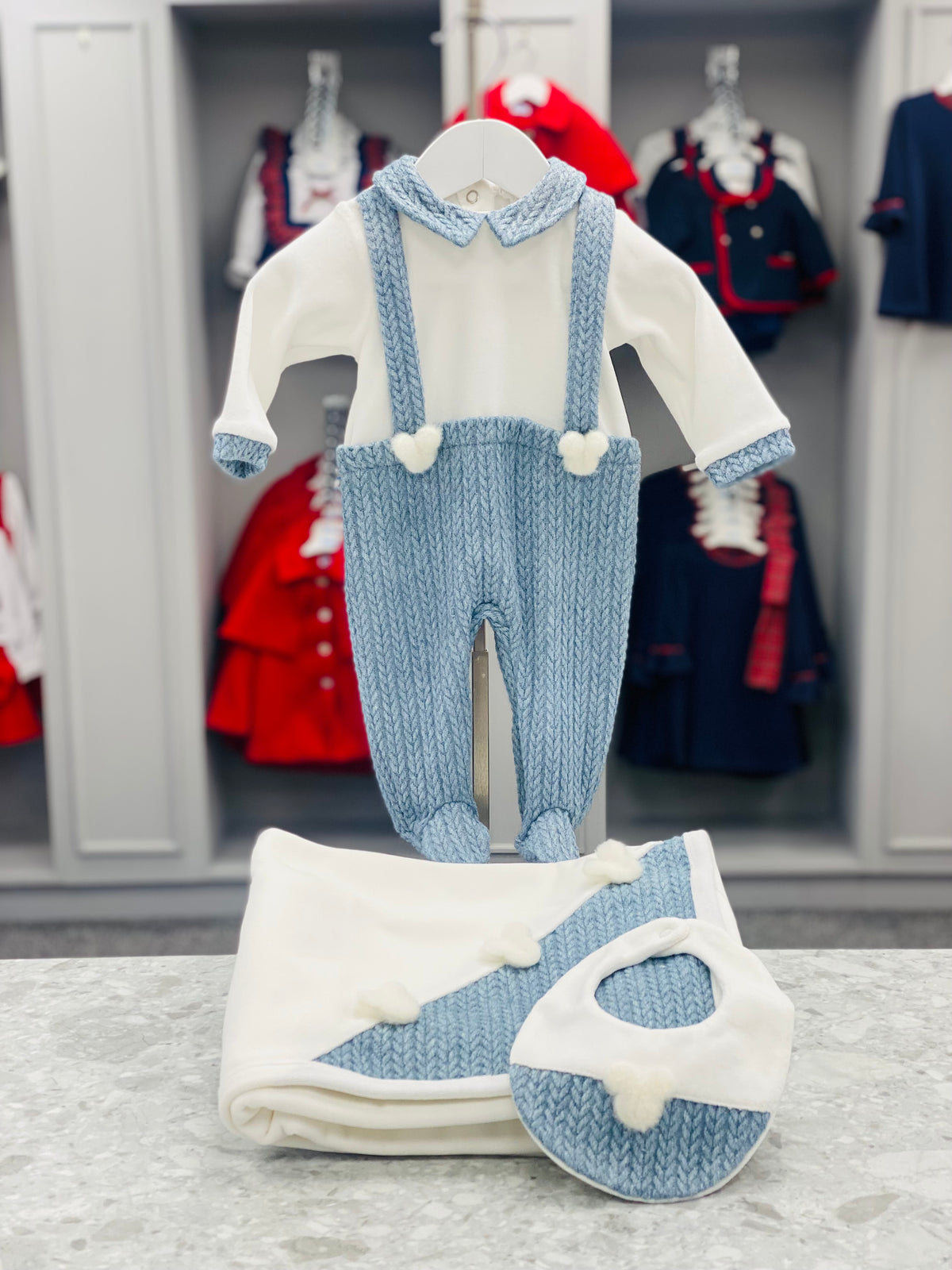 Deolinda Woody denim blue boys baby bib 25B01 - detail view