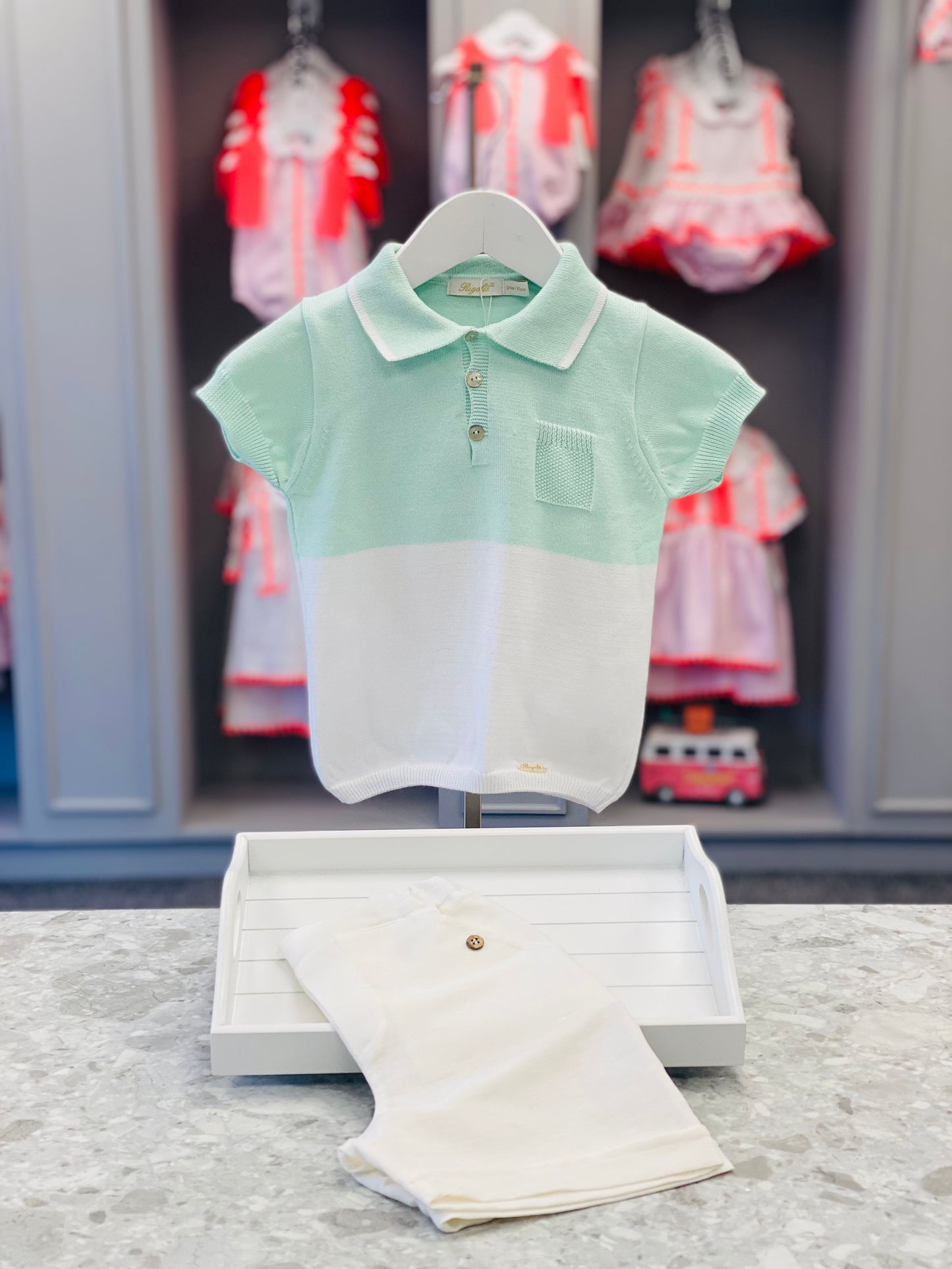 RIGOLA Boys Mint Green & White Cotton & Linen Short Set