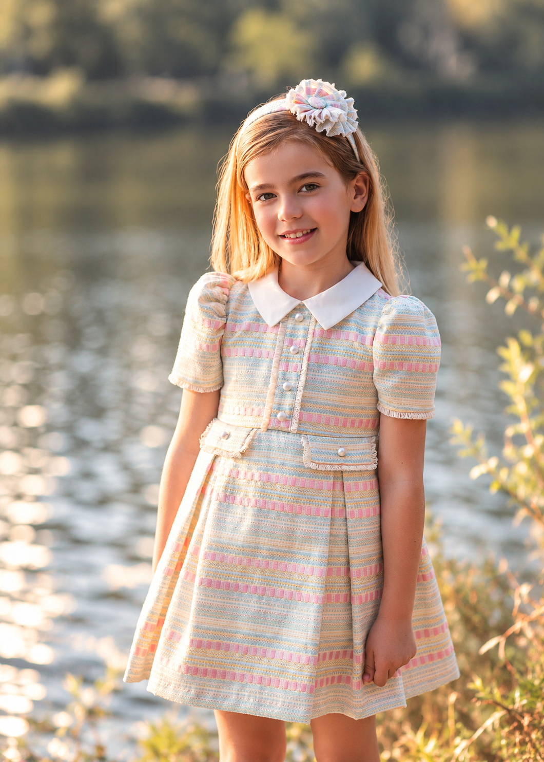 Rochy Jacquard girls multicolour tweed dress with white Peter Pan collar, pearl details and matching pastel headband