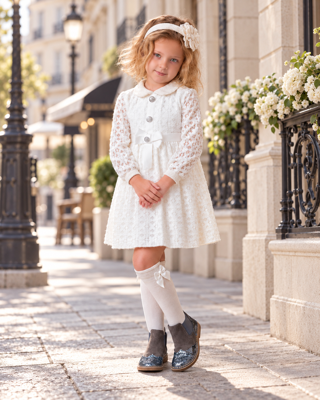 Rochy Blonda girls cream lace dress with long sleeves, bow waist detail and matching headband