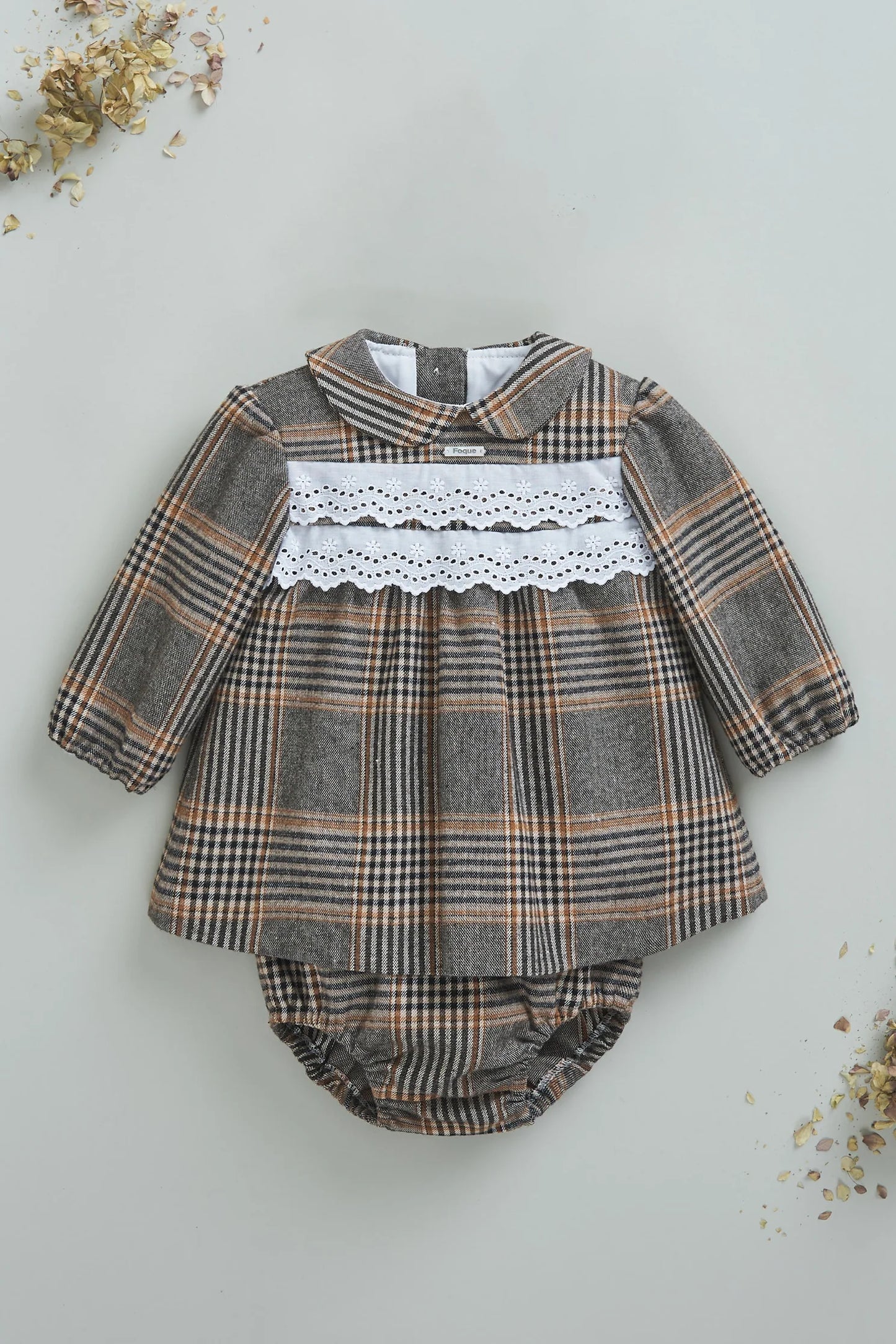 FOQUE Camel Tartan Baby Girls Dress & Knickers - CLEARANCE SALE