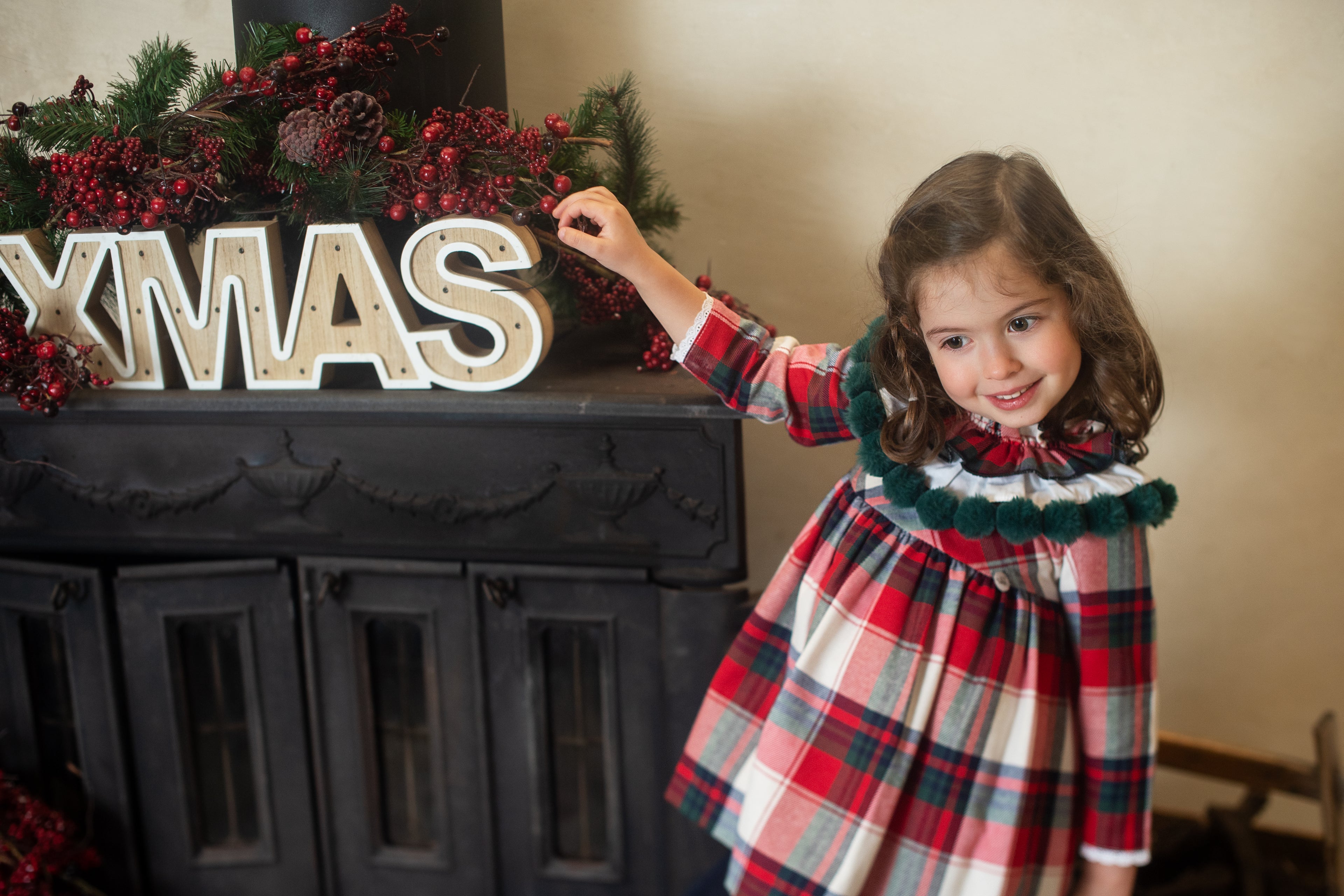 AW24 FOQUE Red Tartan Pom Pom Girls Dress - CLEARANCE SALE
