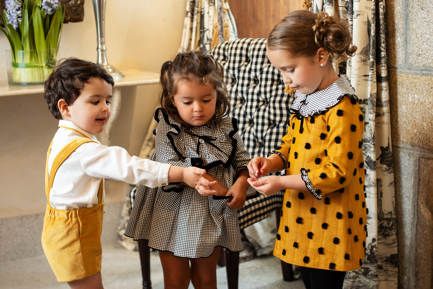 FOQUE AW24 Plumeti Mustard & Black Girls A-Line Dress - 5288