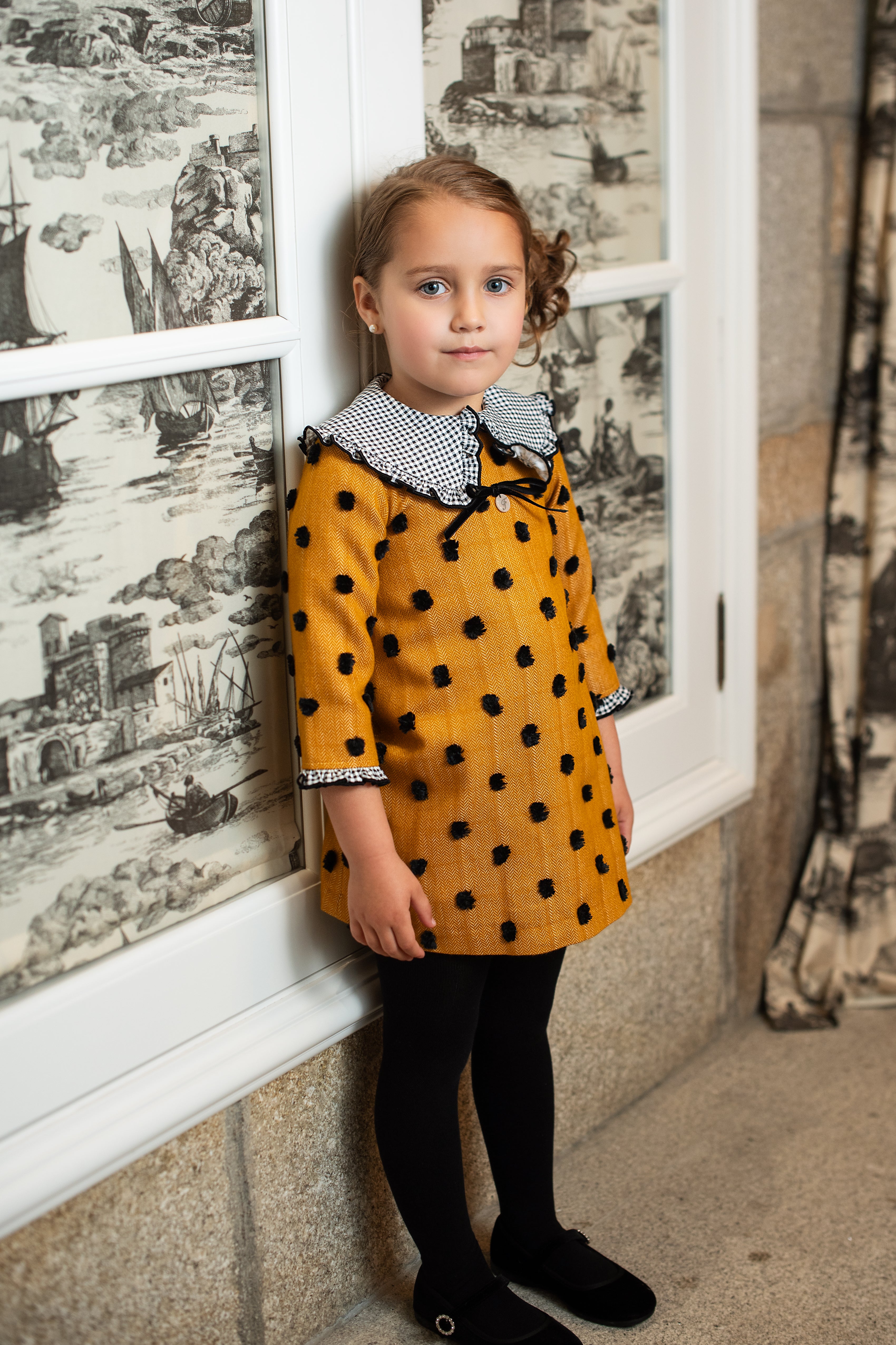 AW24 FOQUE Plumeti Mustard & Black Girls A-Line Dress - CLEARANCE SALE