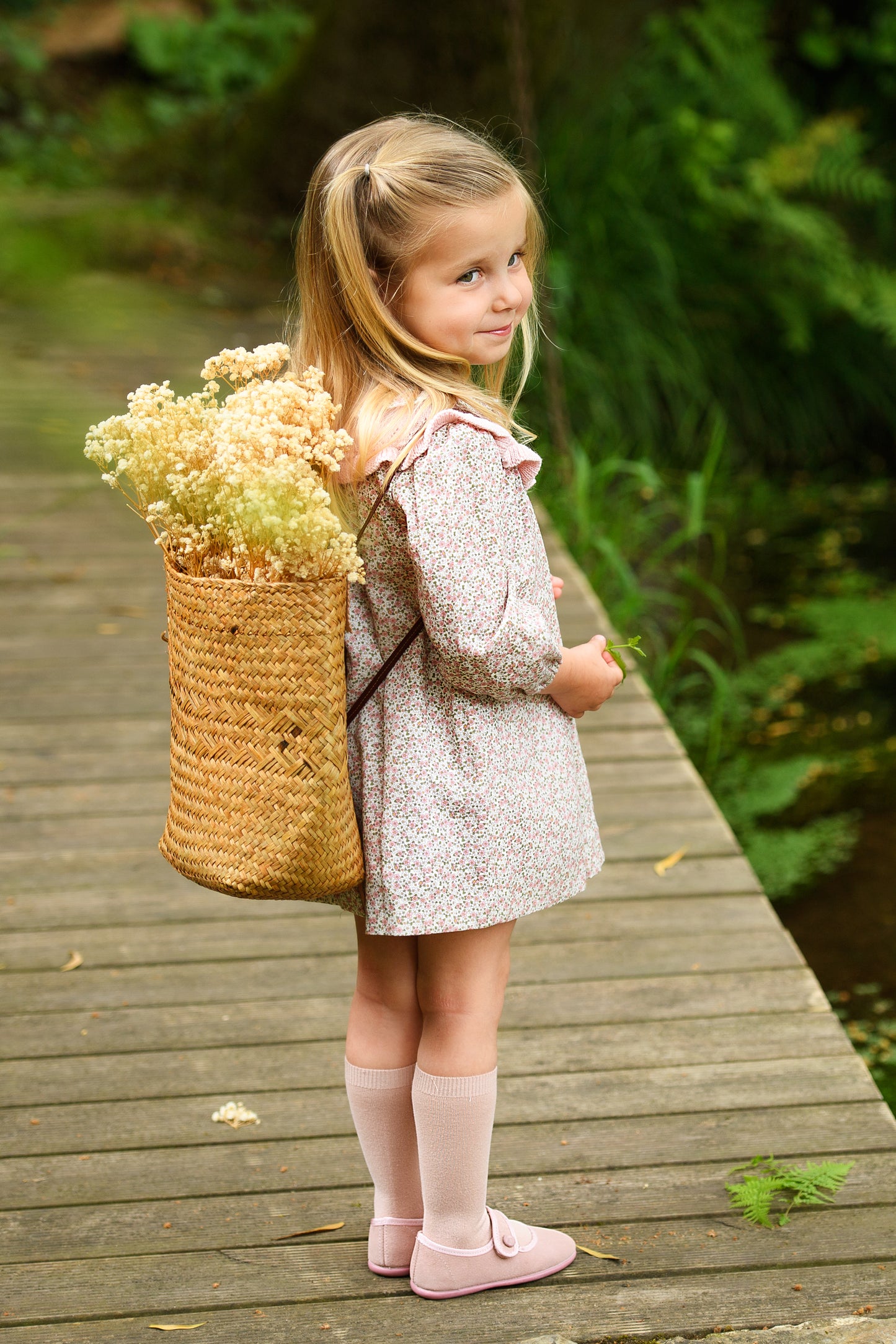 AW25 FOQUE Ladera Girls Pink Floral A-Line Dress with Knitted Shawl Collar