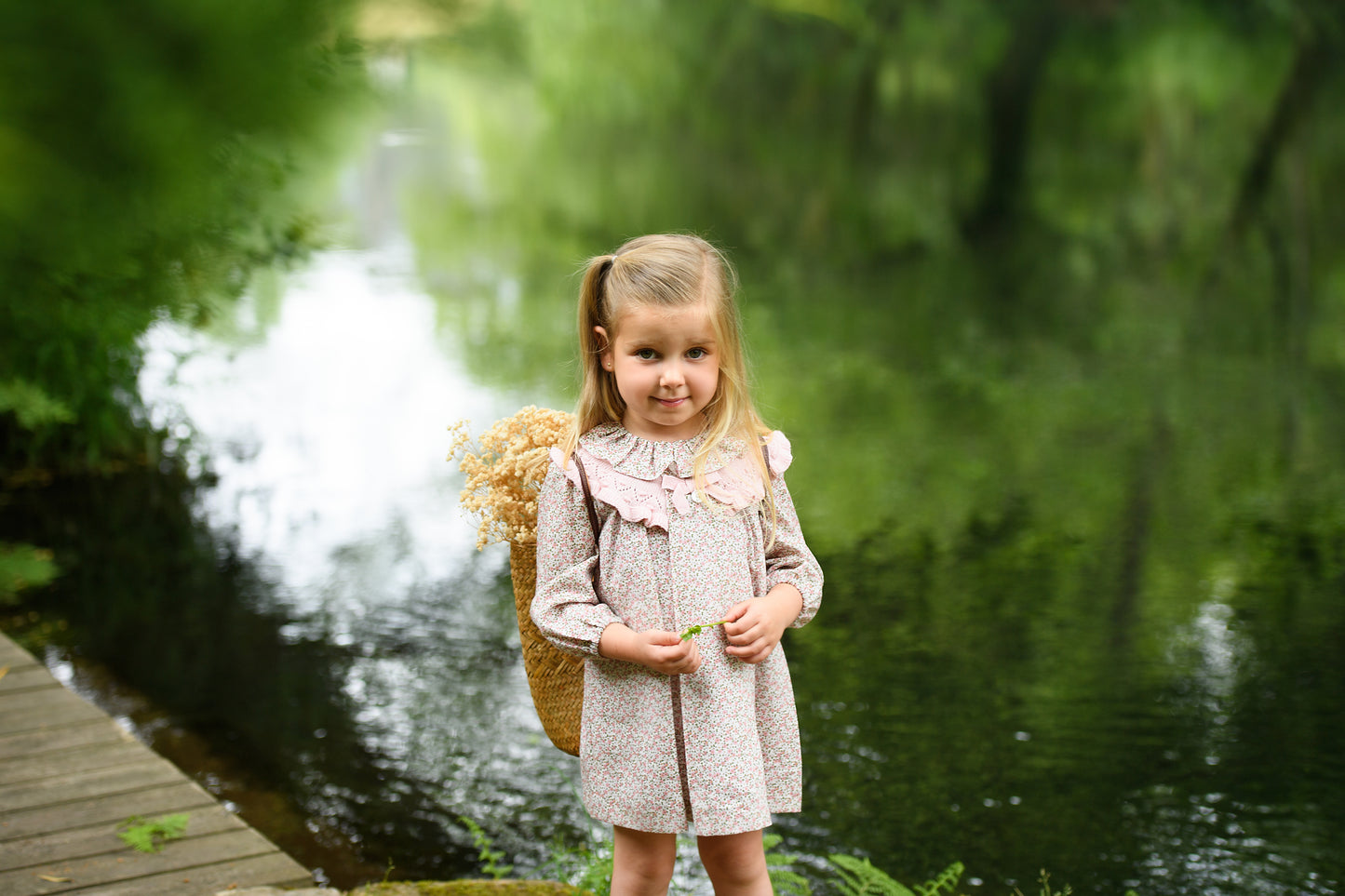 AW25 FOQUE Ladera Girls Pink Floral A-Line Dress with Knitted Shawl Collar