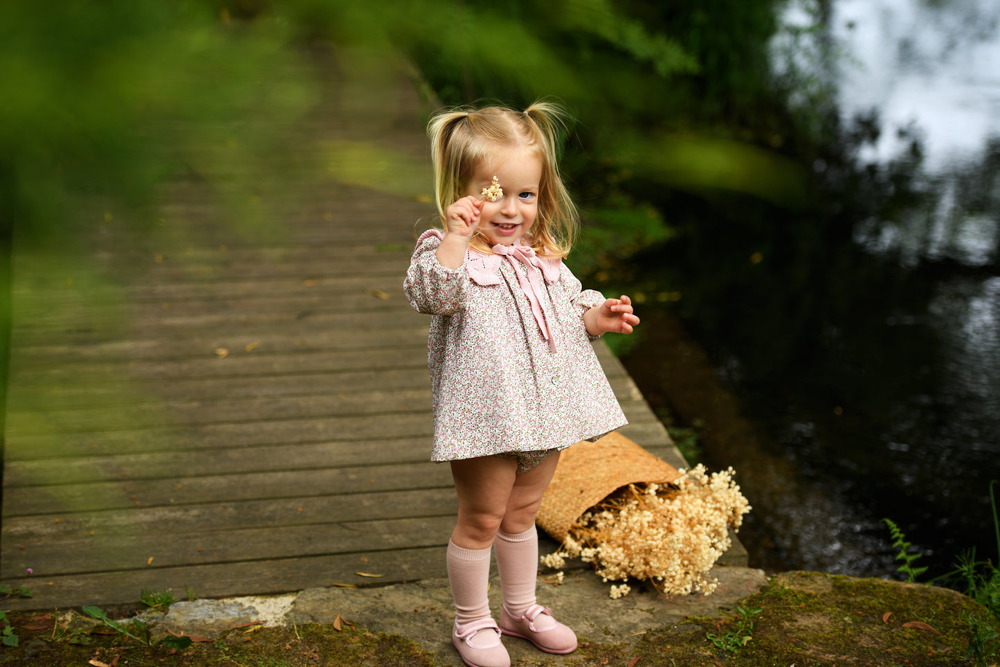 AW25 FOQUE Ladera Girls Pink Floral Dress & Knickers with Knitted Shawl Collar