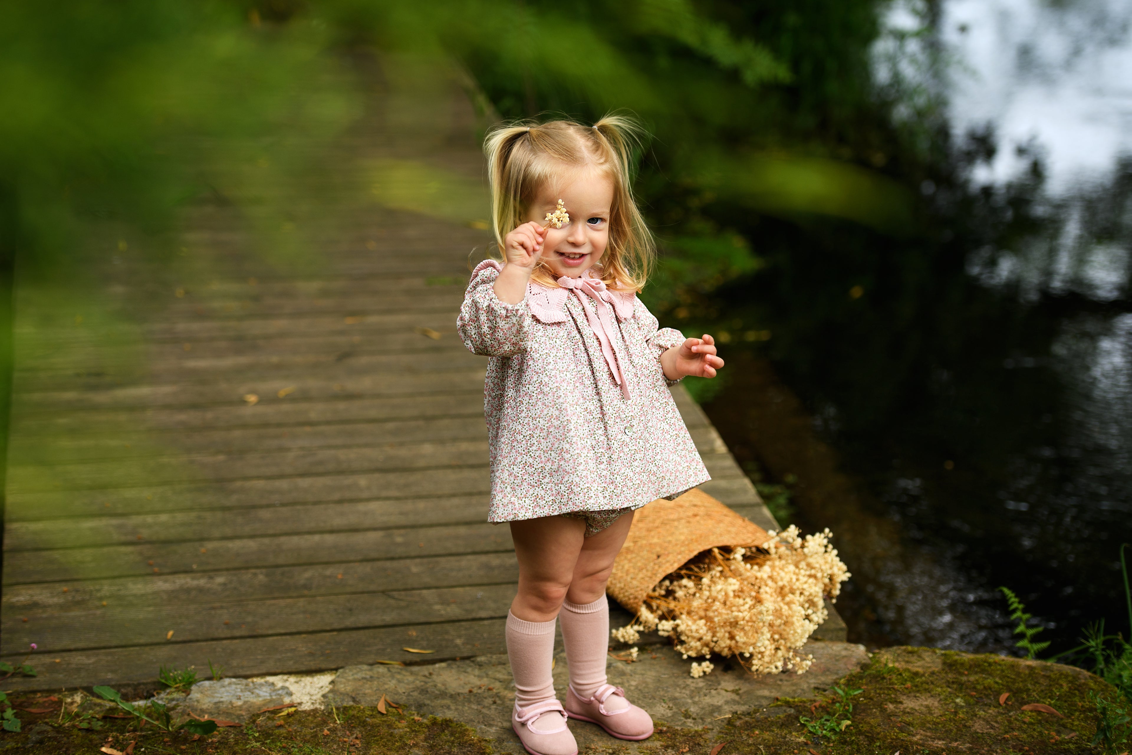 AW25 FOQUE Ladera Girls Pink Floral Dress & Knickers with Knitted Shawl Collar