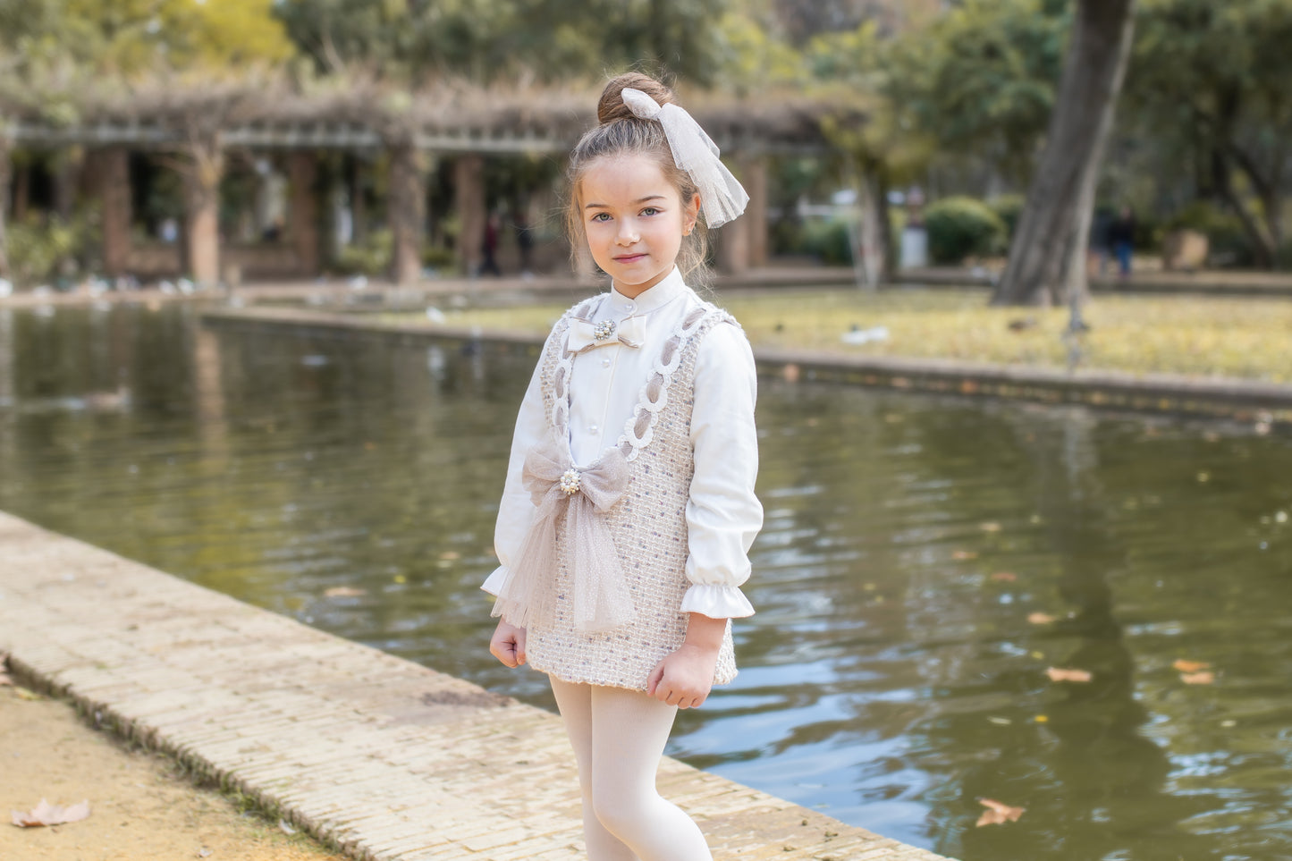 PRE ORDER AW25 NAXOS Camel Tweed Girls Blouse & Pinafore Set - 7642
