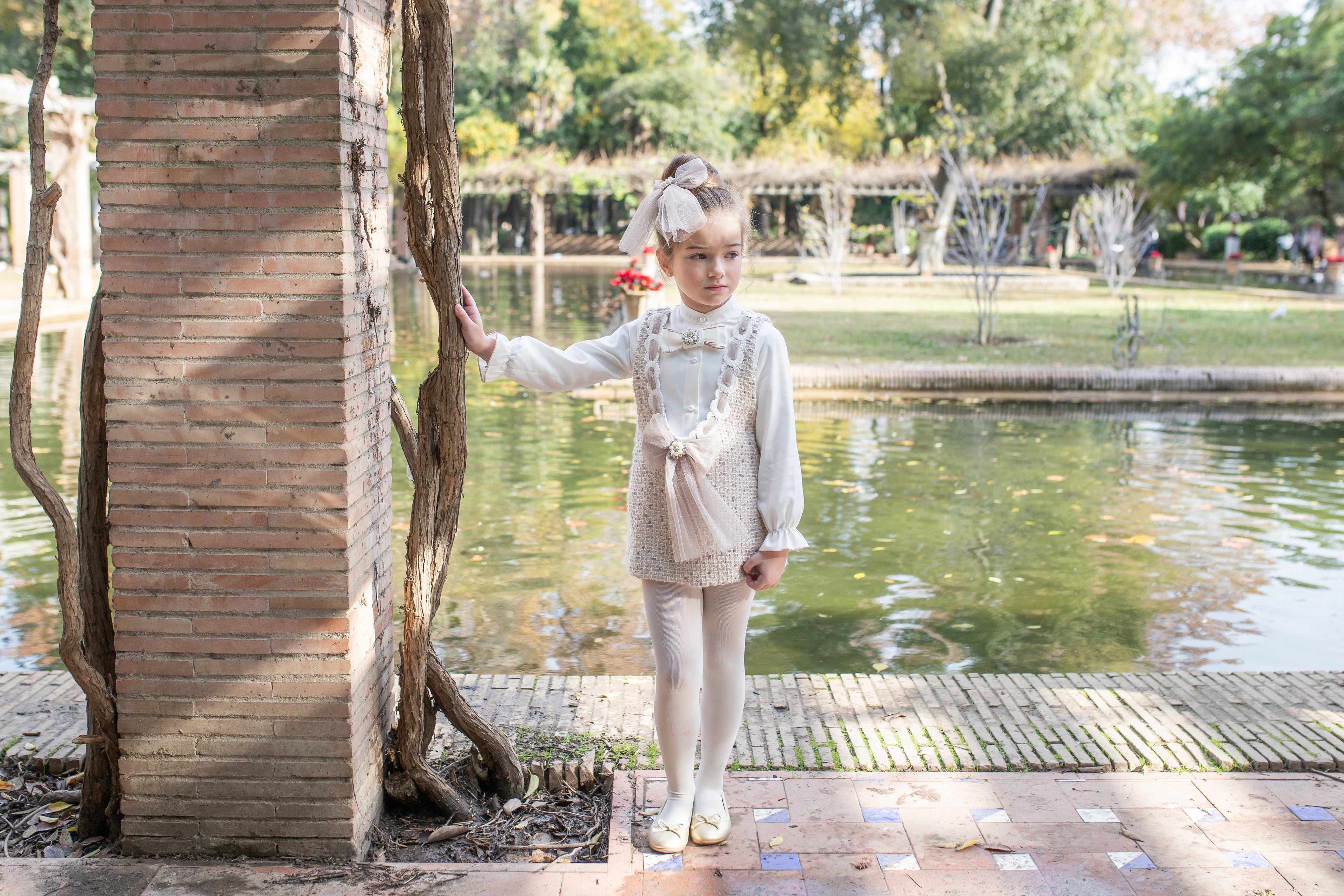 AW25 NAXOS Camel Tweed Girls Blouse & Pinafore Set - 7642