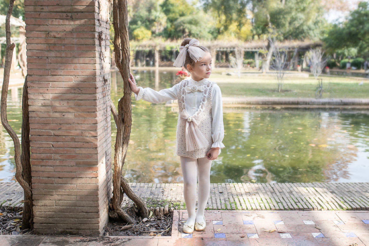 PRE ORDER AW25 NAXOS Camel Tweed Girls Blouse & Pinafore Set - 7642